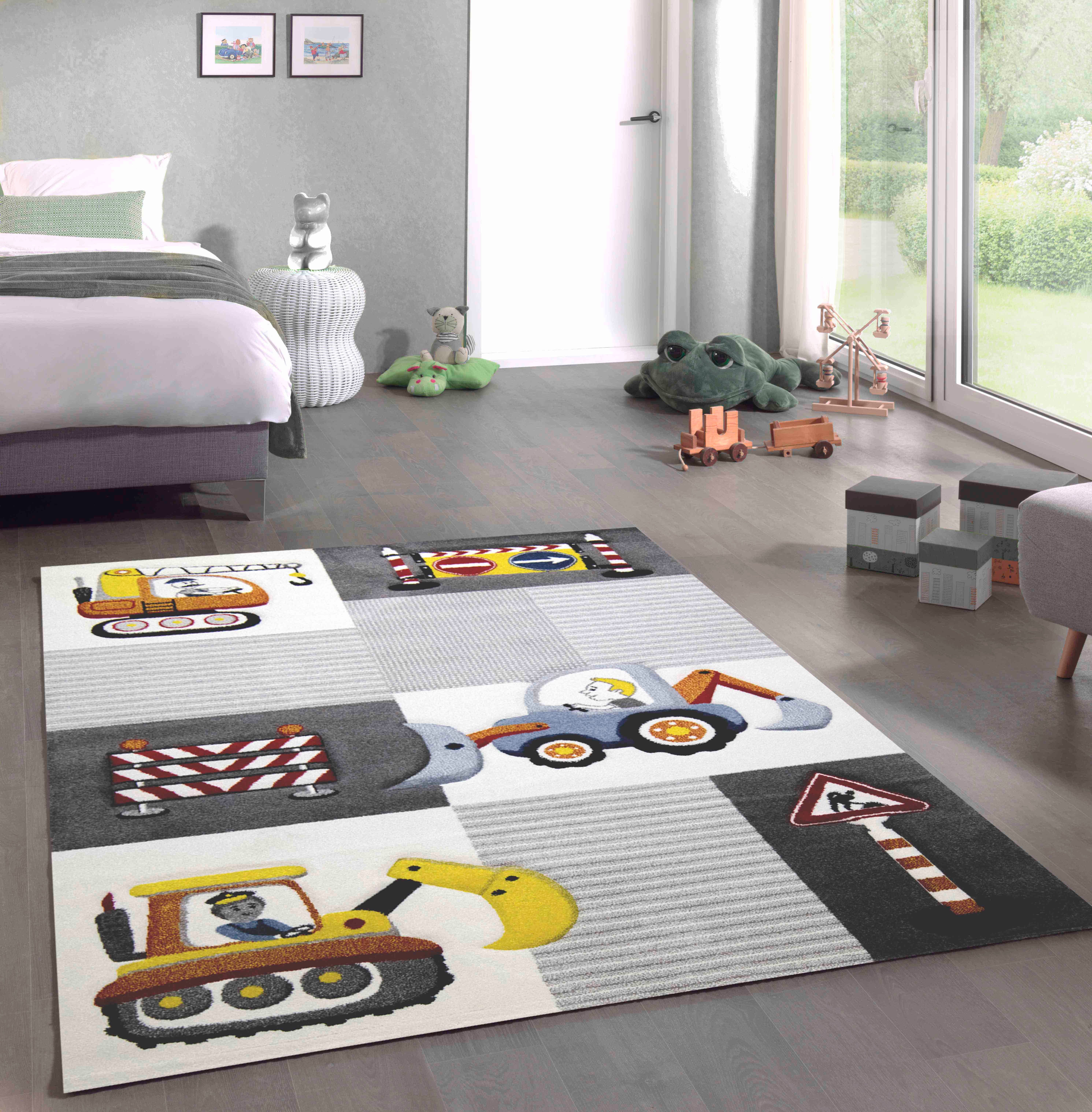 Carpetia Kinderteppich Kinderzimmer Straßenschilder Bagger Kran