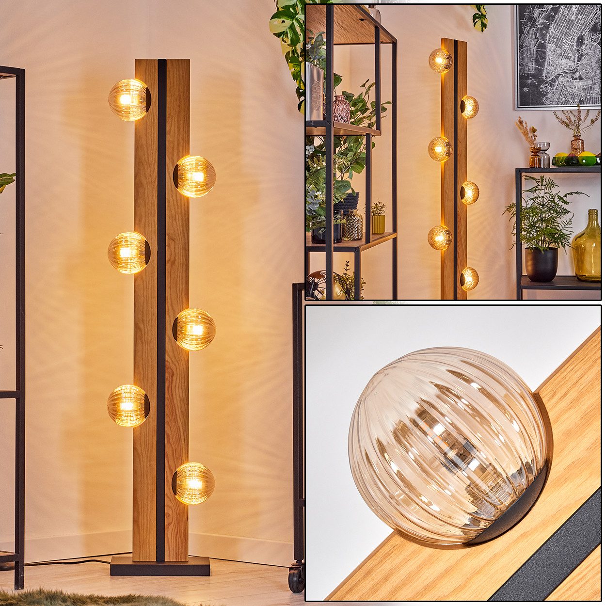 hofstein Stehlampe Stehlampe aus Holz/Metall/Riffelglas in