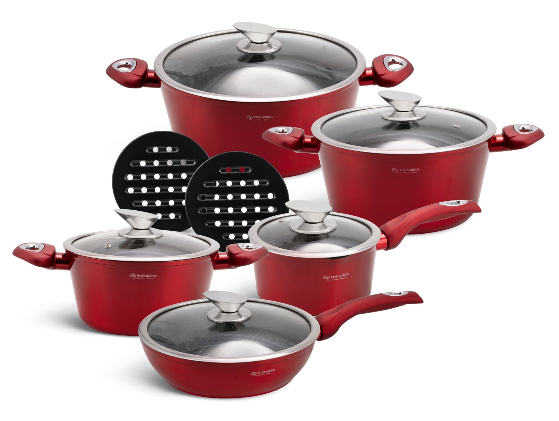 Edenberg Topf-Set Rote Topfset mit Glasdeckel,