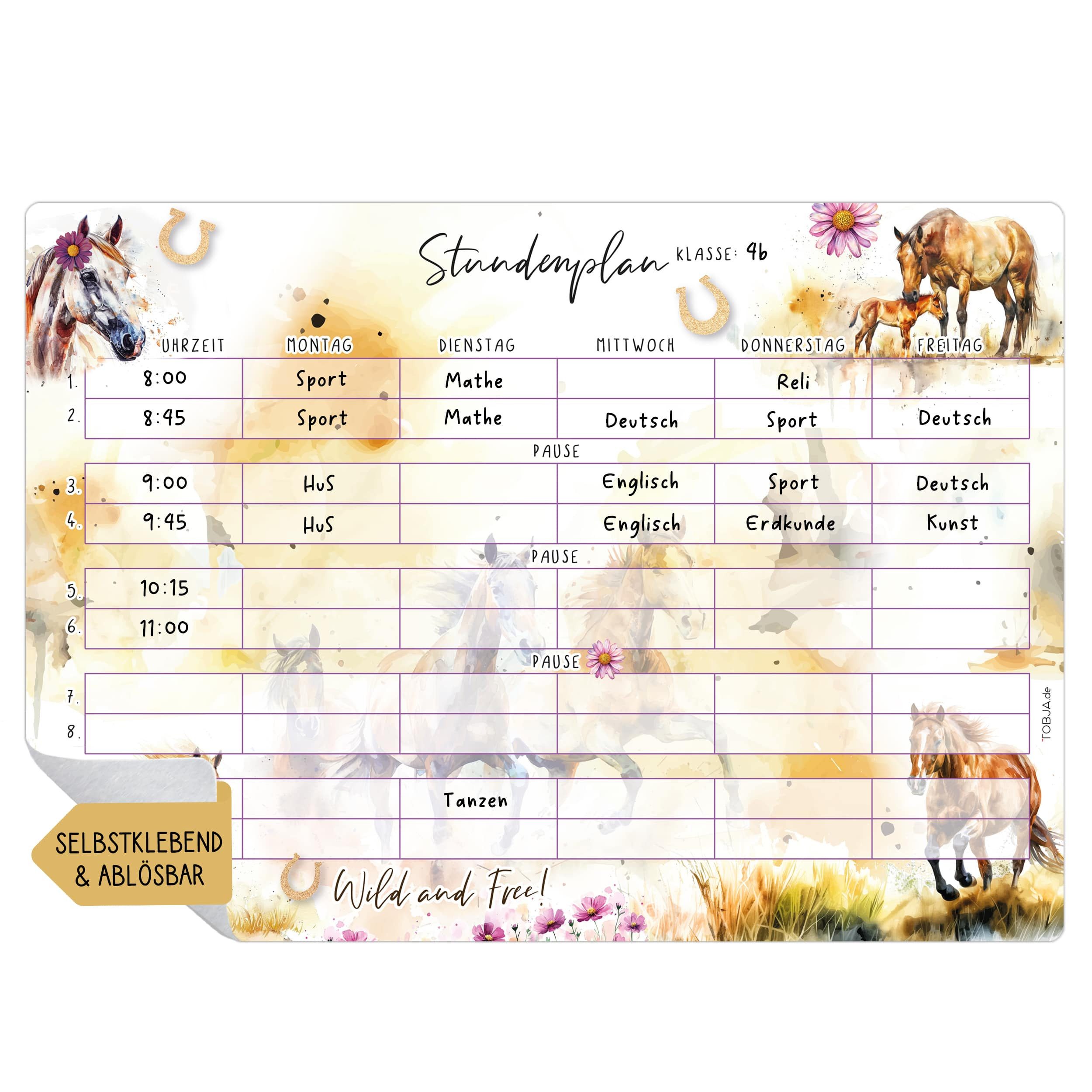 TOBJA Wandtafel Stundenplan Pferde Grundschule Mädchen,