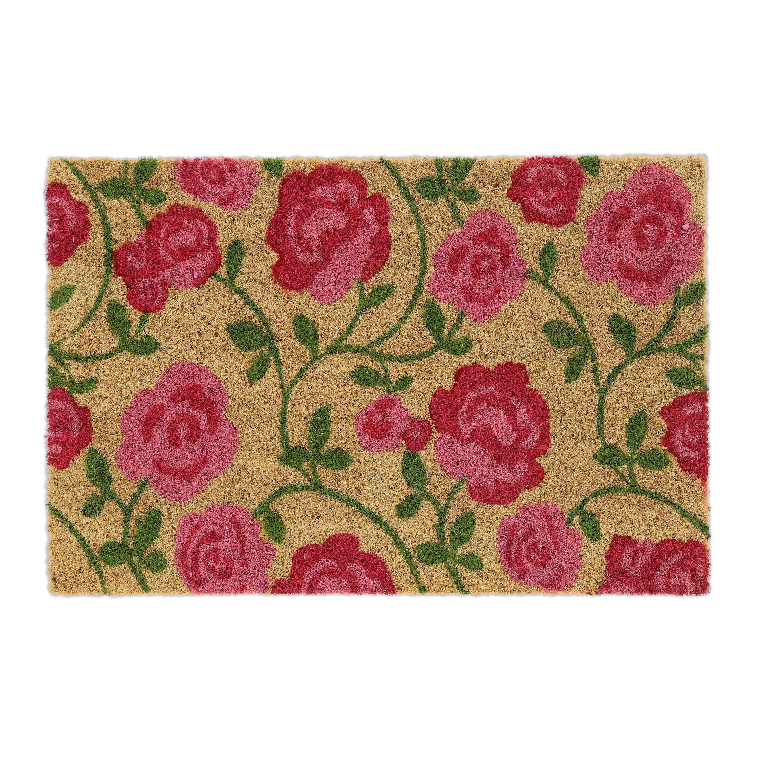 relaxdays Fußmatte Kokos Fußmatte mit Rosen-Motiv,