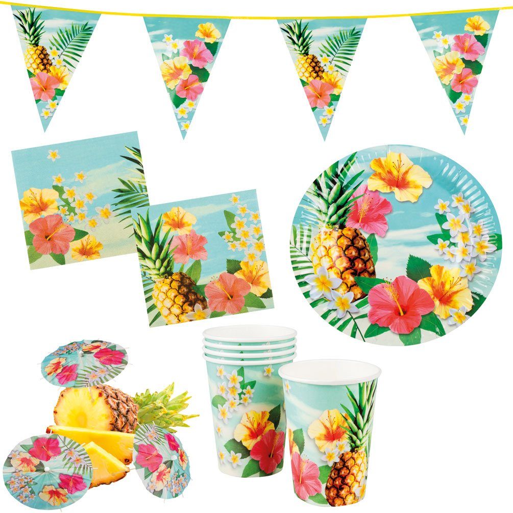 Karneval-Klamotten Einweggeschirr-Set Party Set Hawaii Hibiskus