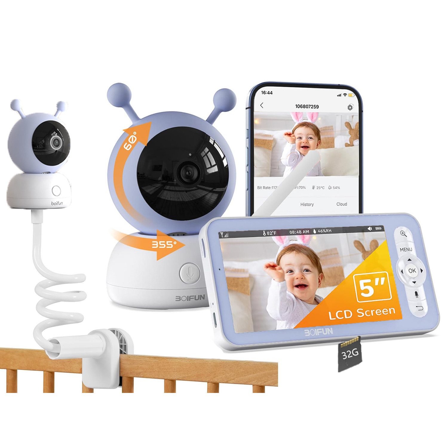 Boifun Video-Babyphone 1080P/5 Zoll Babyphone mit
