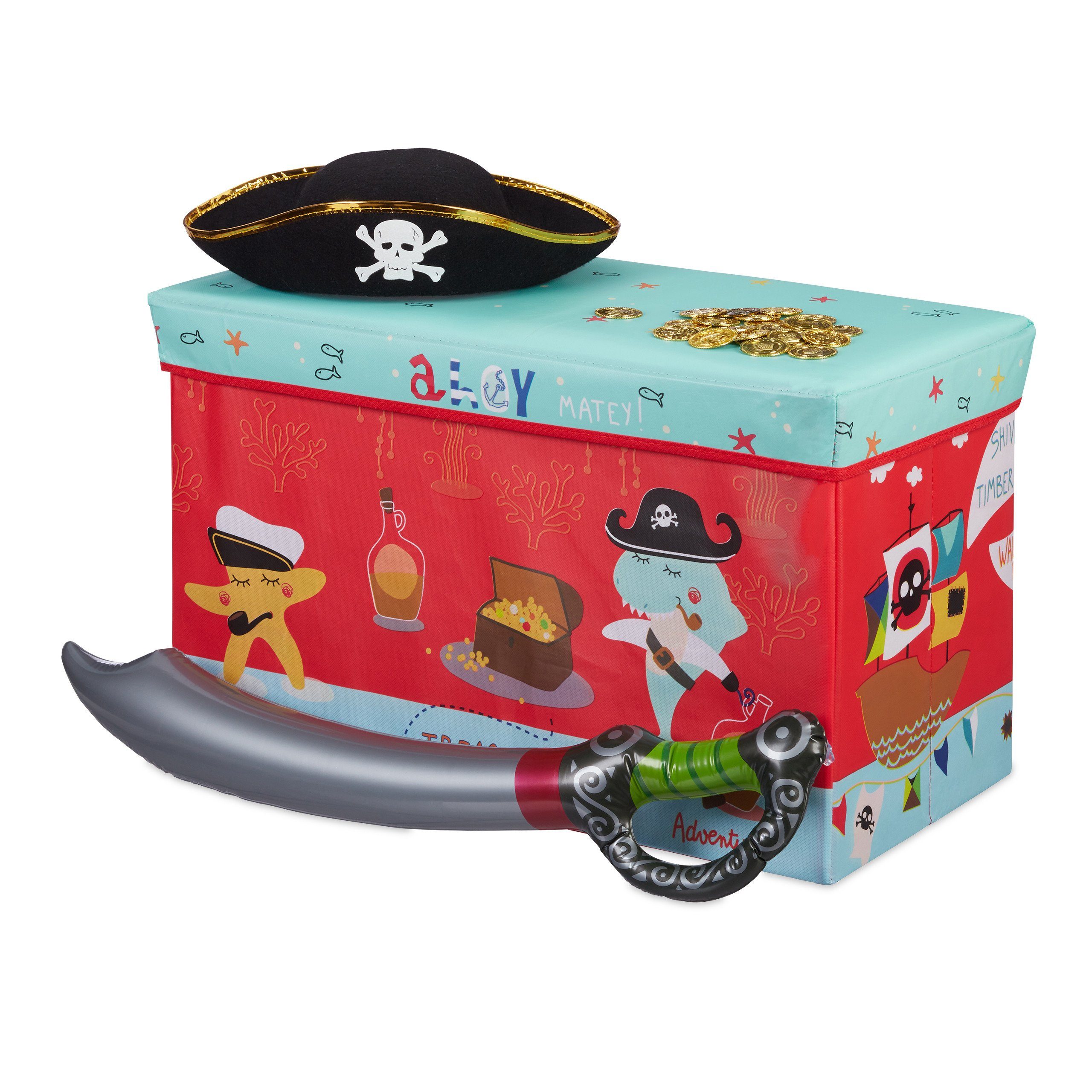 relaxdays Spielzeugtruhe Sitzbox für Kinder, Pirat