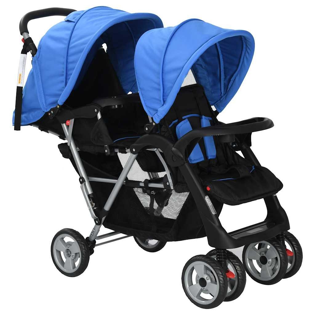 vidaXL Zwillingswagen, Tandem-Kinderwagen Stahl Blau und
