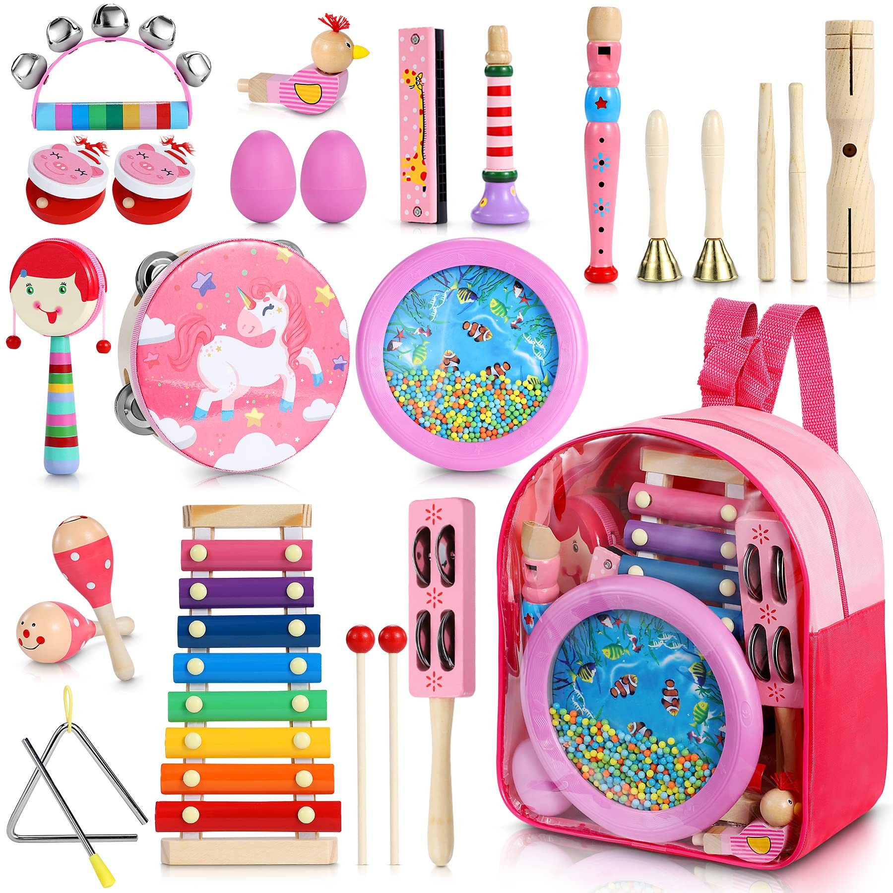 POPOLIC Spielzeug-Musikinstrument 25-teilige Rosa Musikinstrumente Set