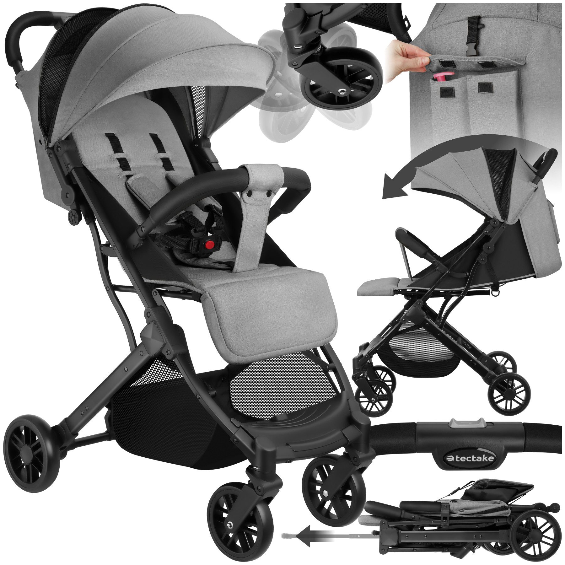 tectake Kombi-Kinderwagen Buggy-Kinderwagen, Einhand-Klappmechanismus, mit 5-Punkt-Gurt,
