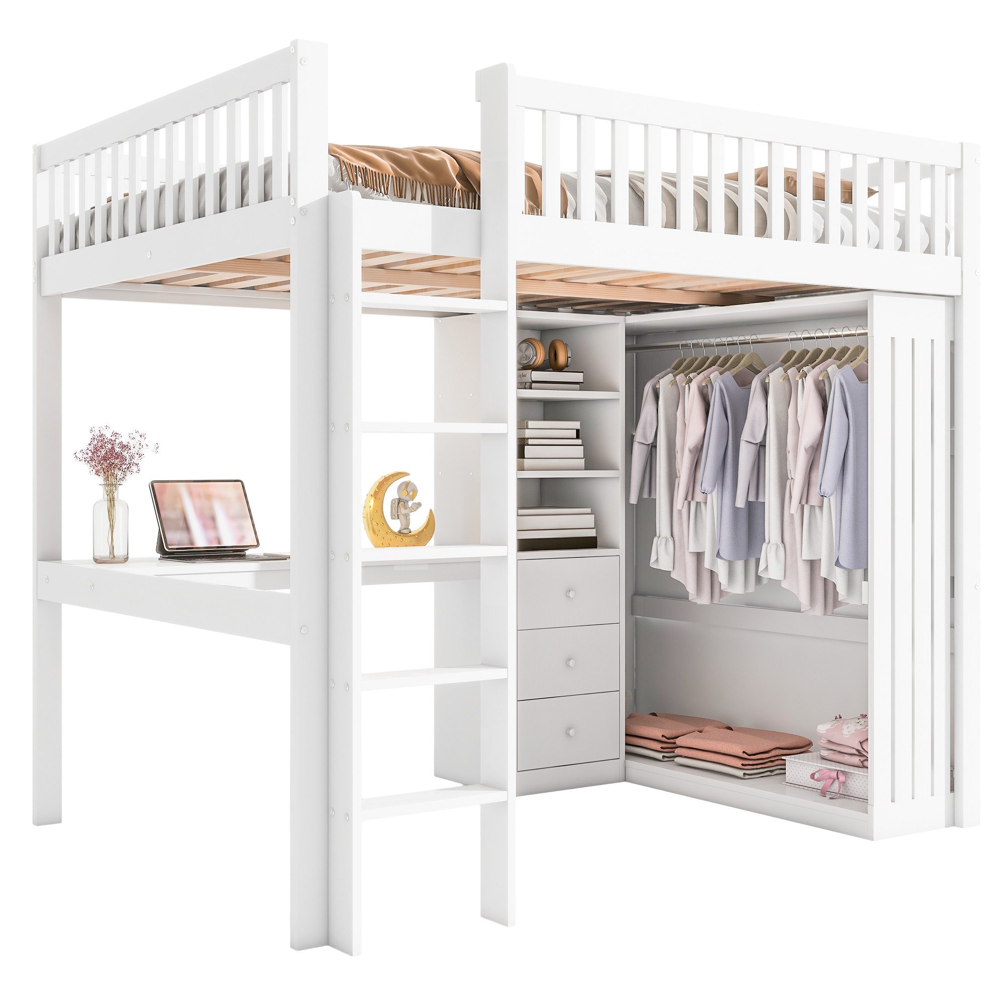 MODFU Hochbett Funktionsbett,Kinderbett,mit Schreibtisch (Hochbett mit
