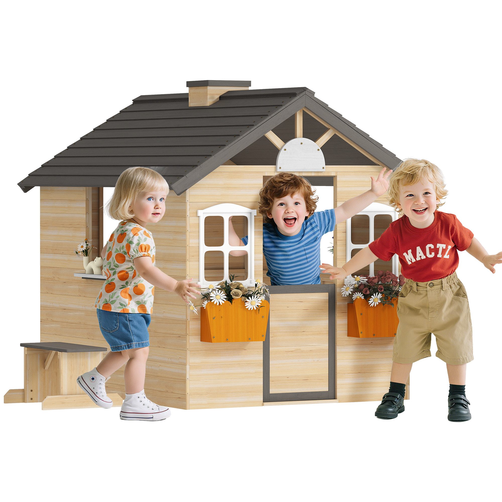 Outsunny Spielhaus Kinderspielhaus mit Briefkasten Fenster,