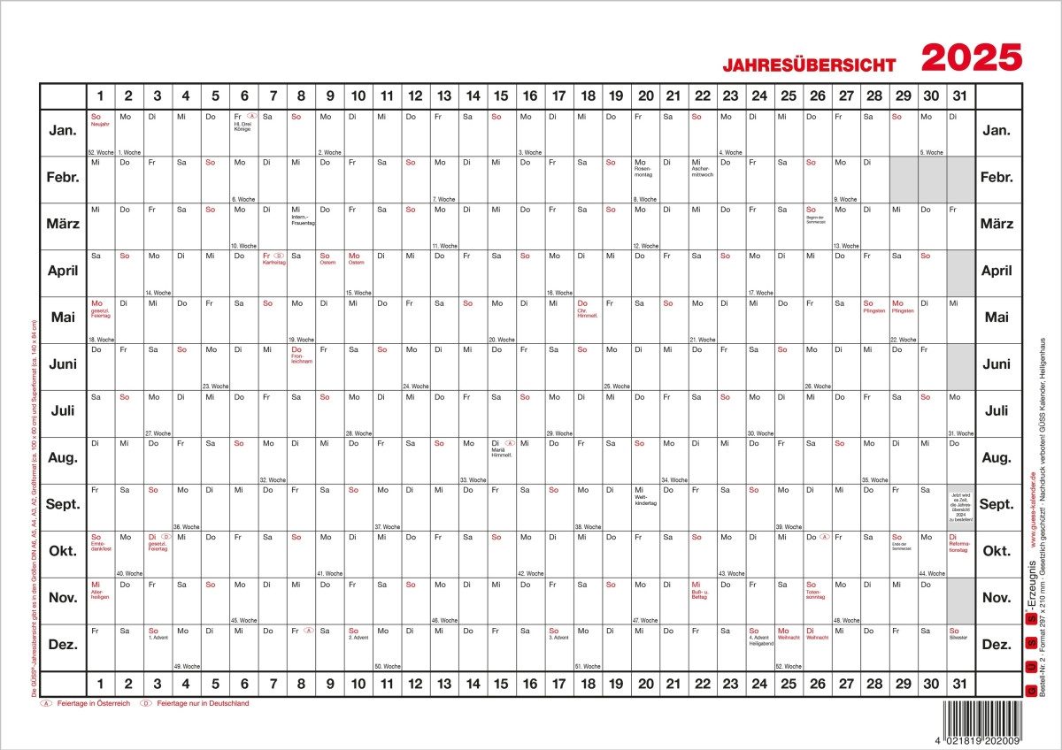 GÜSS Kalender Jahresplaner Jahresübersicht 30x20cm Kalendarium