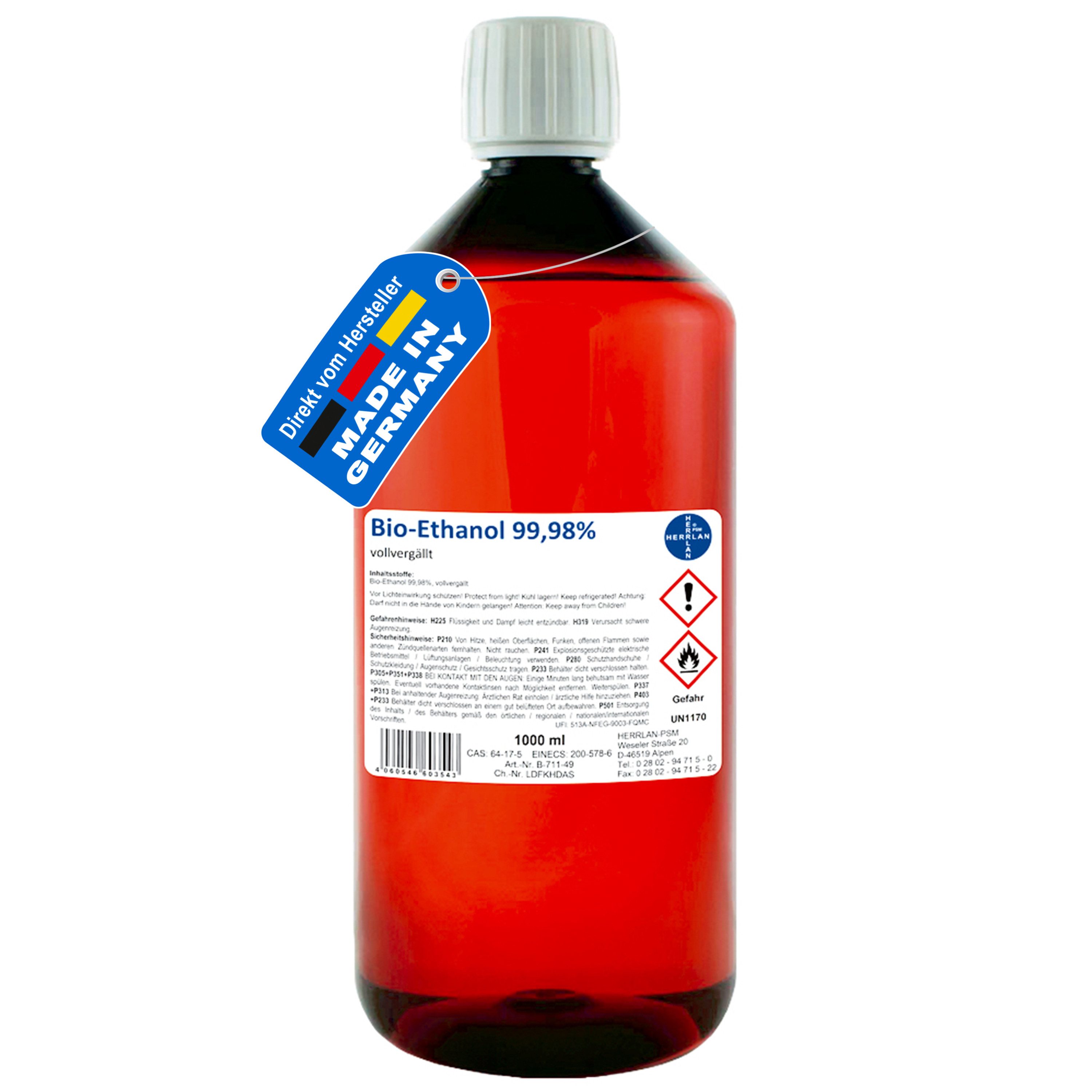 HERRLAN Bioethanol Kamin-Ethanol, 99,98% Alkohol-Gehalt, wasserfrei,