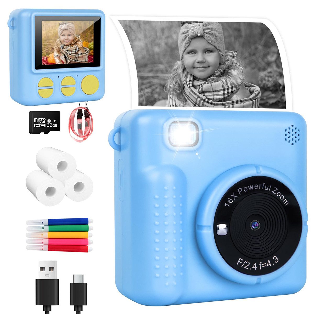 NICEWIN Sofortbildkamera Kinderkamera mit 32GB SD-Karte,