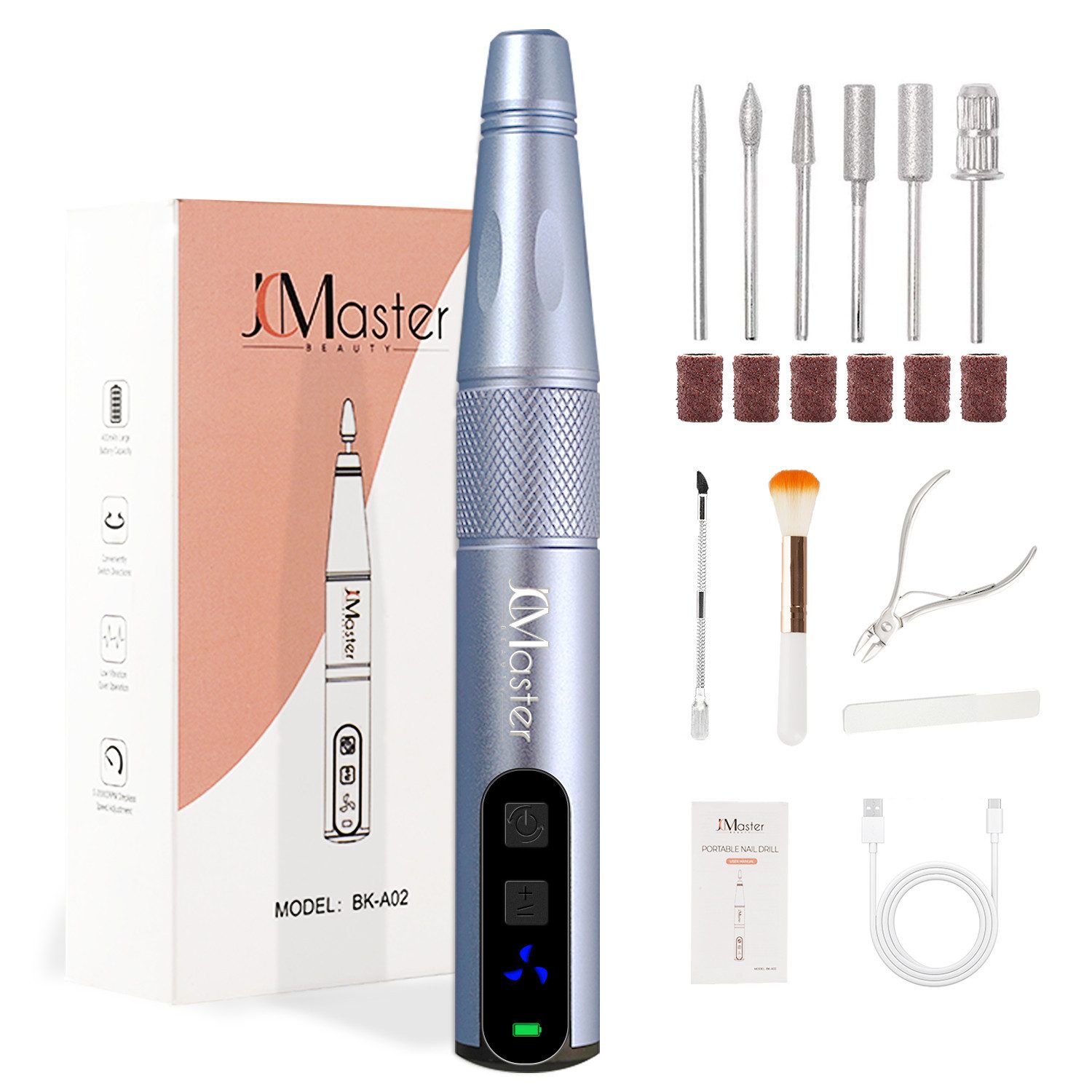 JCMaster Maniküre-Pediküre-Set, Nagelfräser, 12500RPM, USB Aufladen,