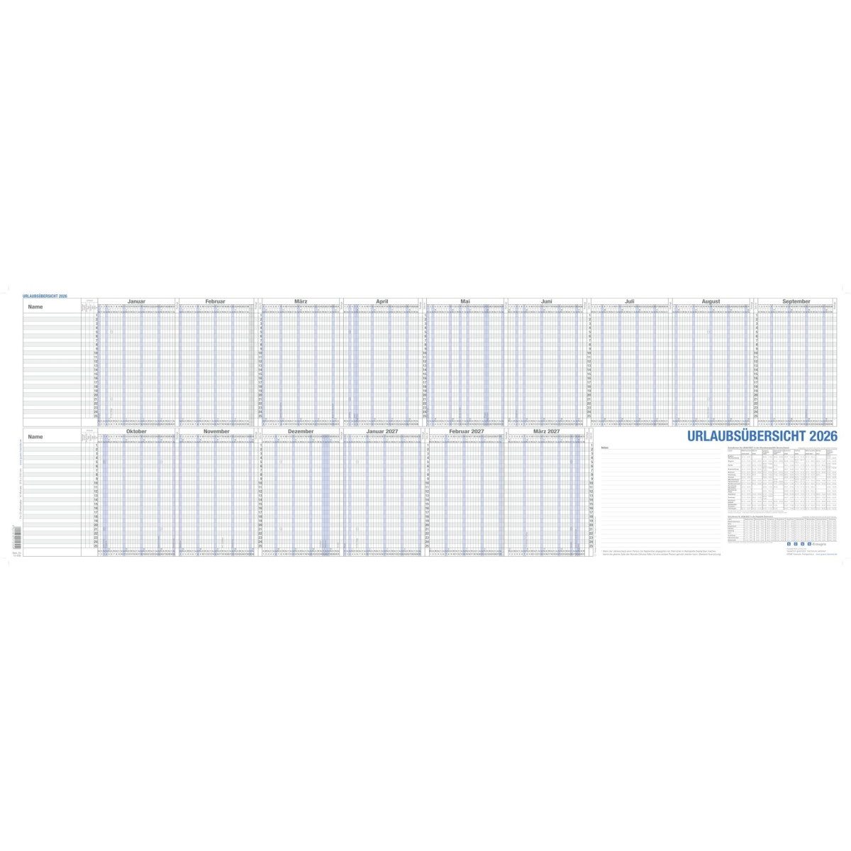GÜSS Kalender Jahresplaner Urlaubsübersicht 97,4x31cm für