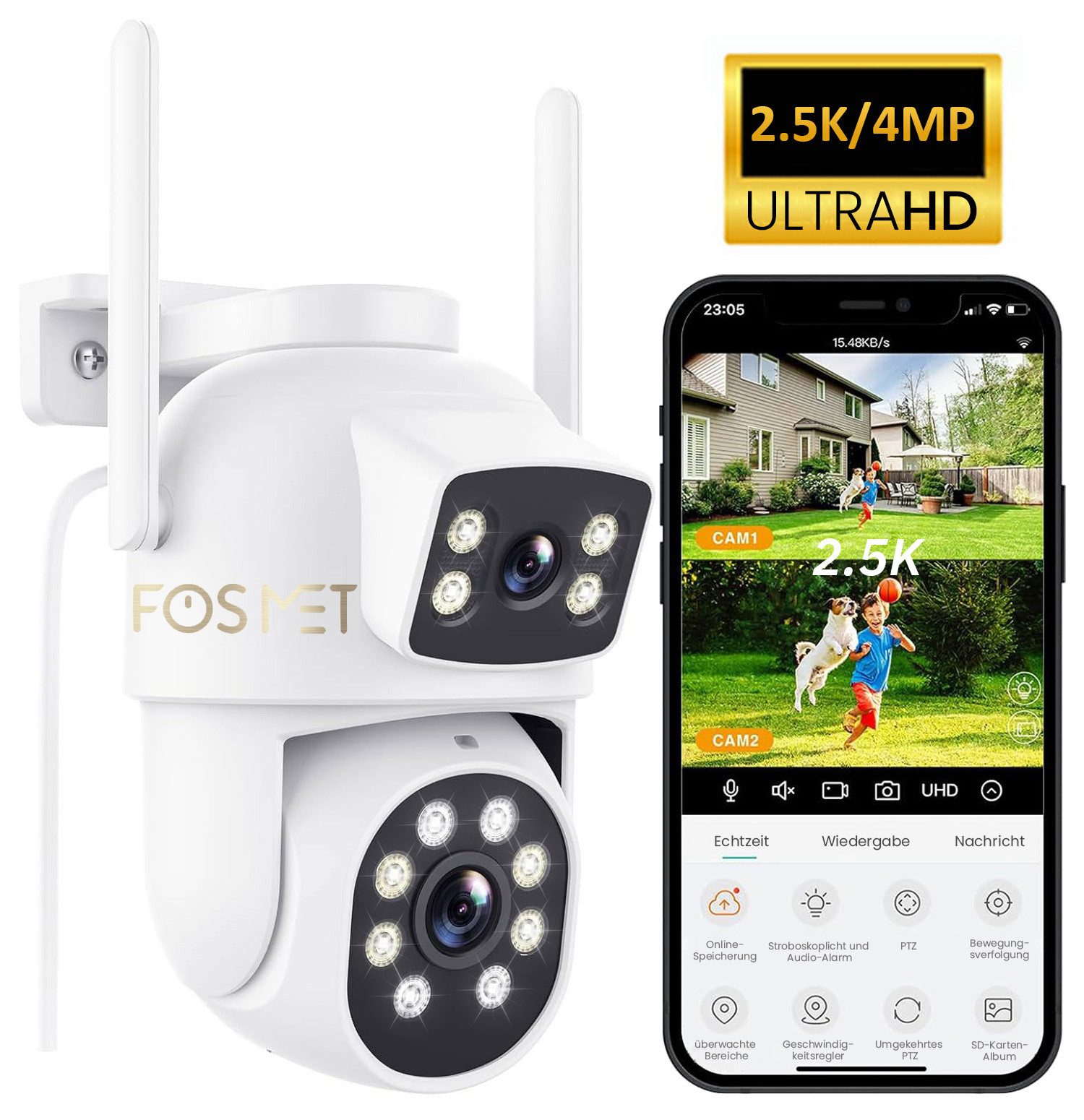 FOSMET Überwachungskamera 2.5K+2.5K PTZ Dual-Linsen Überwachungskamera