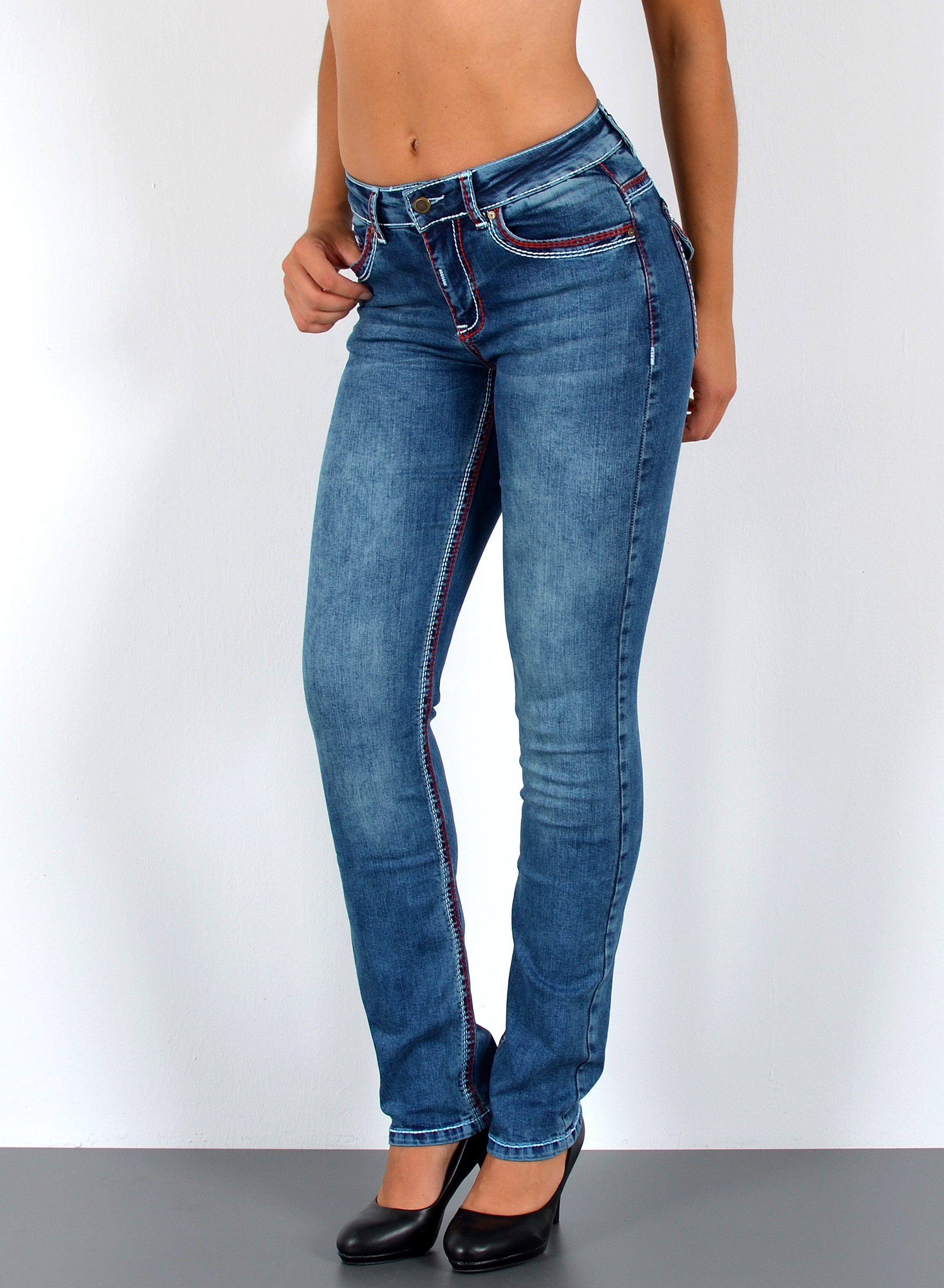 ESRA Straight-Jeans Damen Jeanshose weiße Naht