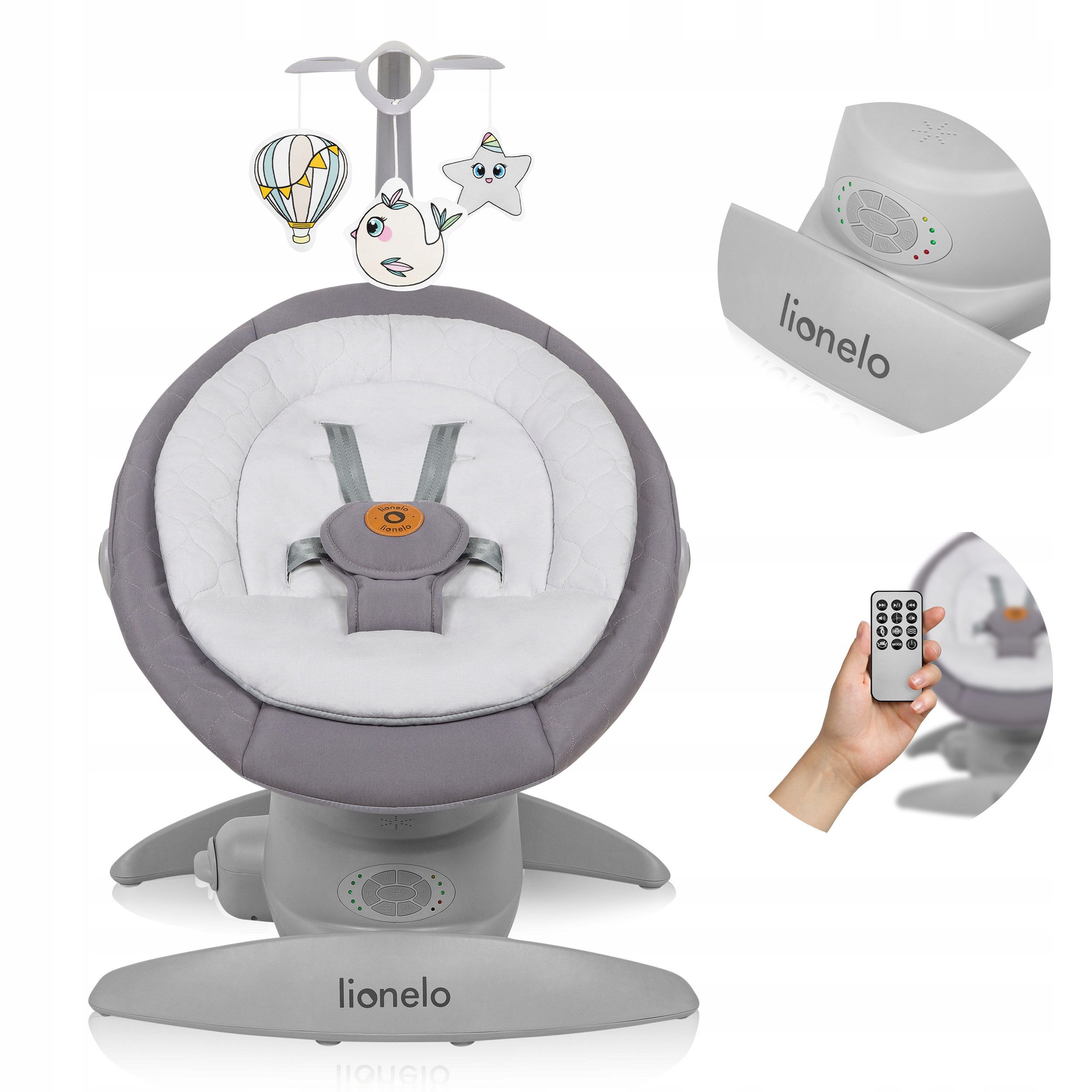 lionelo Babywippe MELL, 0-9 Jahren/360°/Bluetooth/Fernsteuerung/12 Melodien+Kissen