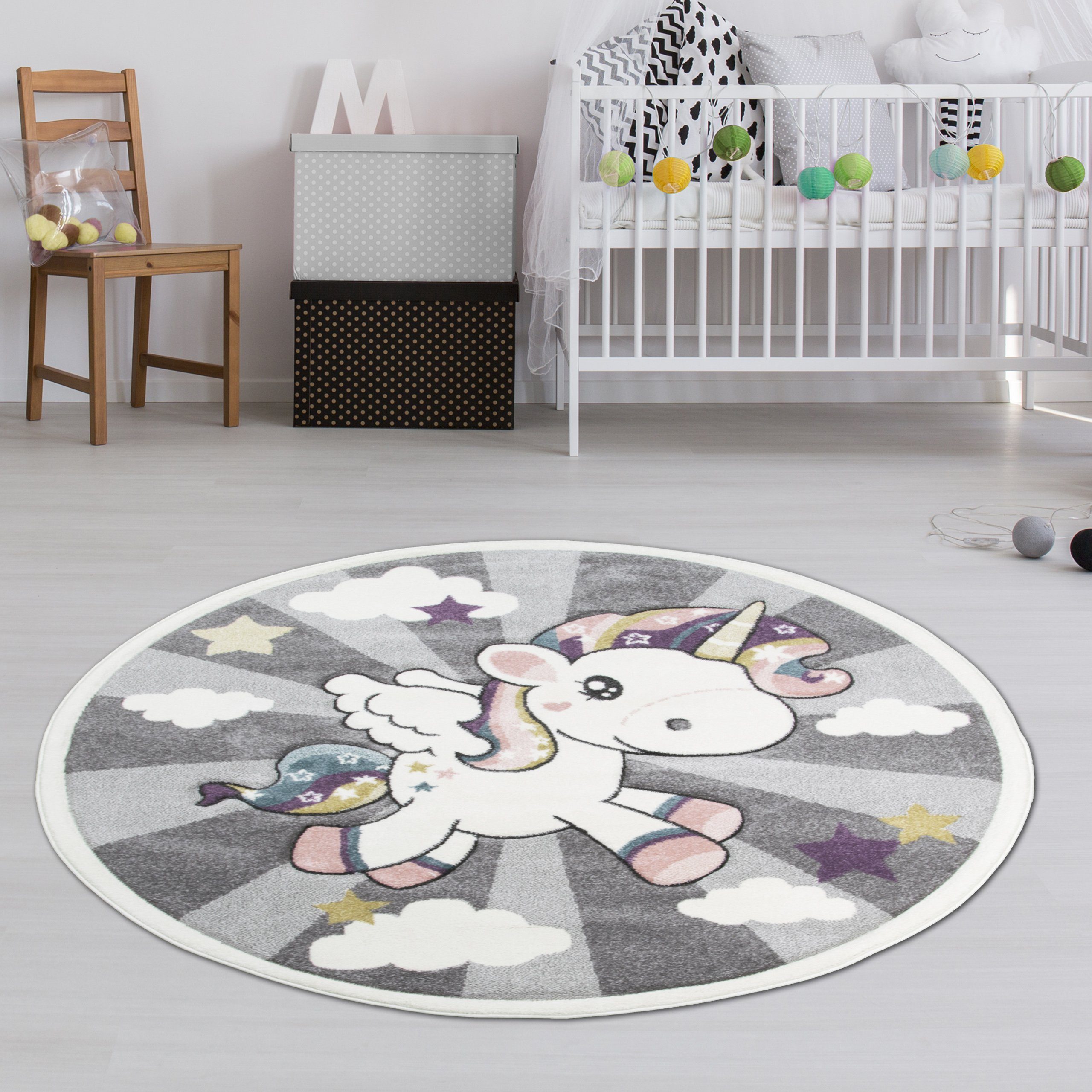 TeppichHome24 Kinderteppich Kinderteppich mit Einhorn Regenbogen