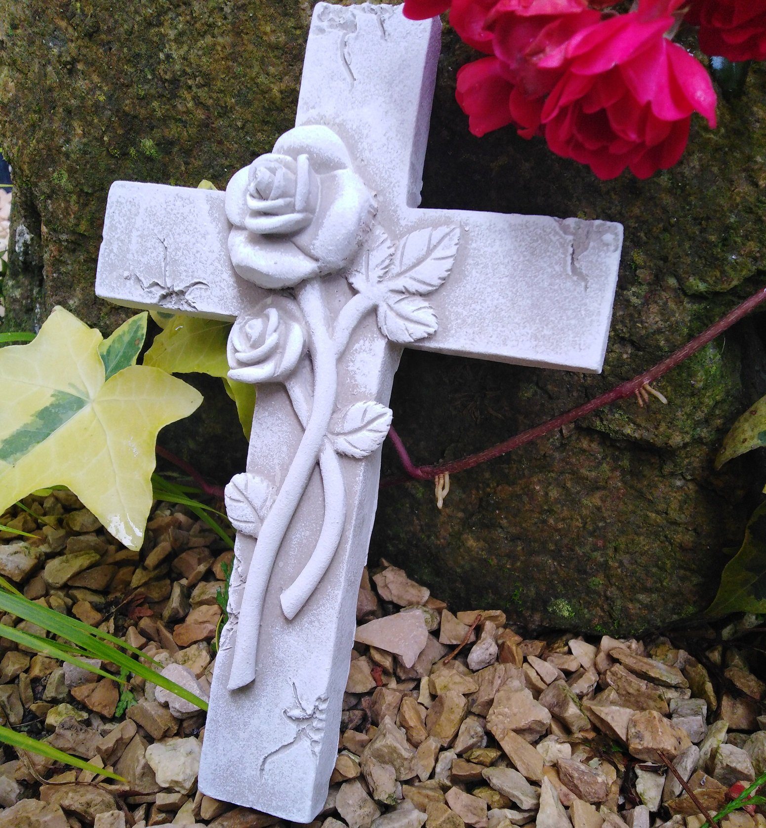 Radami Gartenfigur Kreuz Grabkreuz 3D Rose