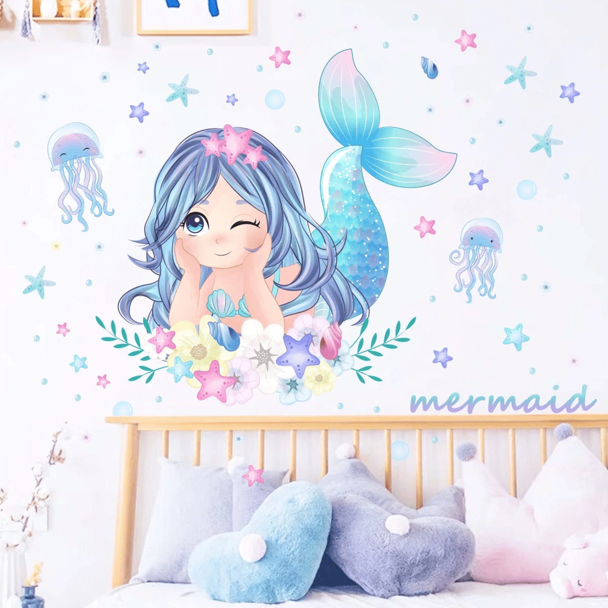 Montegoni Wandtattoo Kinder Wandsticker,Selbstklebende (Wandaufkleber Meerjungfrau,Quallen,Seesterne