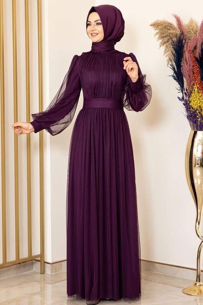 fashionshowcase Tüllkleid Damen Abendkleid Maxilänge Abaya-Stil