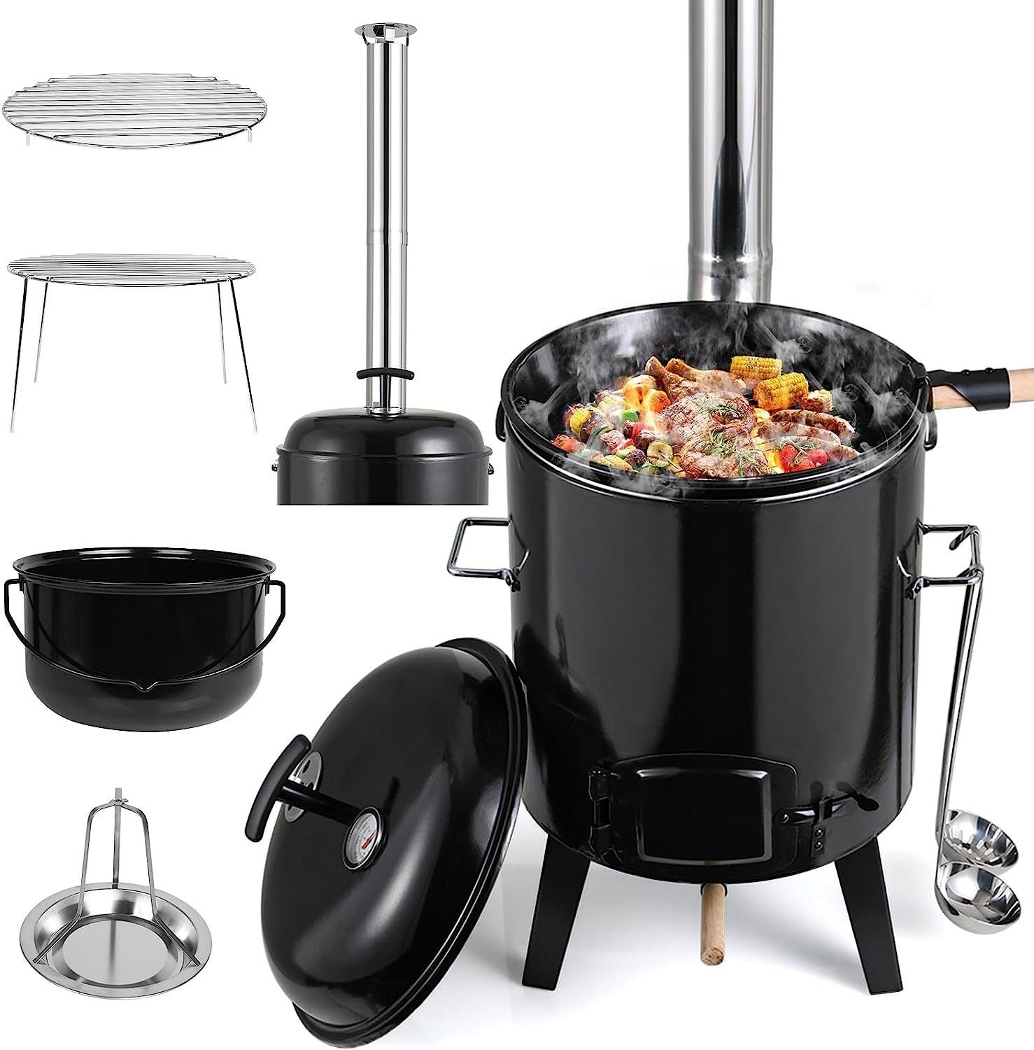 TLGREEN Holzkohlegrill, 17+8L Gulaschkanone,Multifunktion Gulaschkessel emailliert