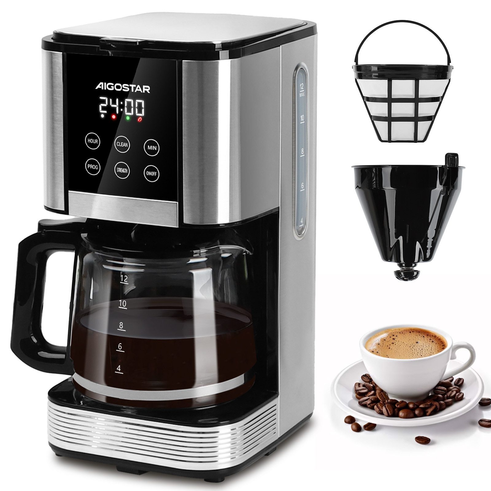 Aigostar Filterkaffeemaschine 1000W, 1,5L Wassertank/14-Tassen, Programmierbar