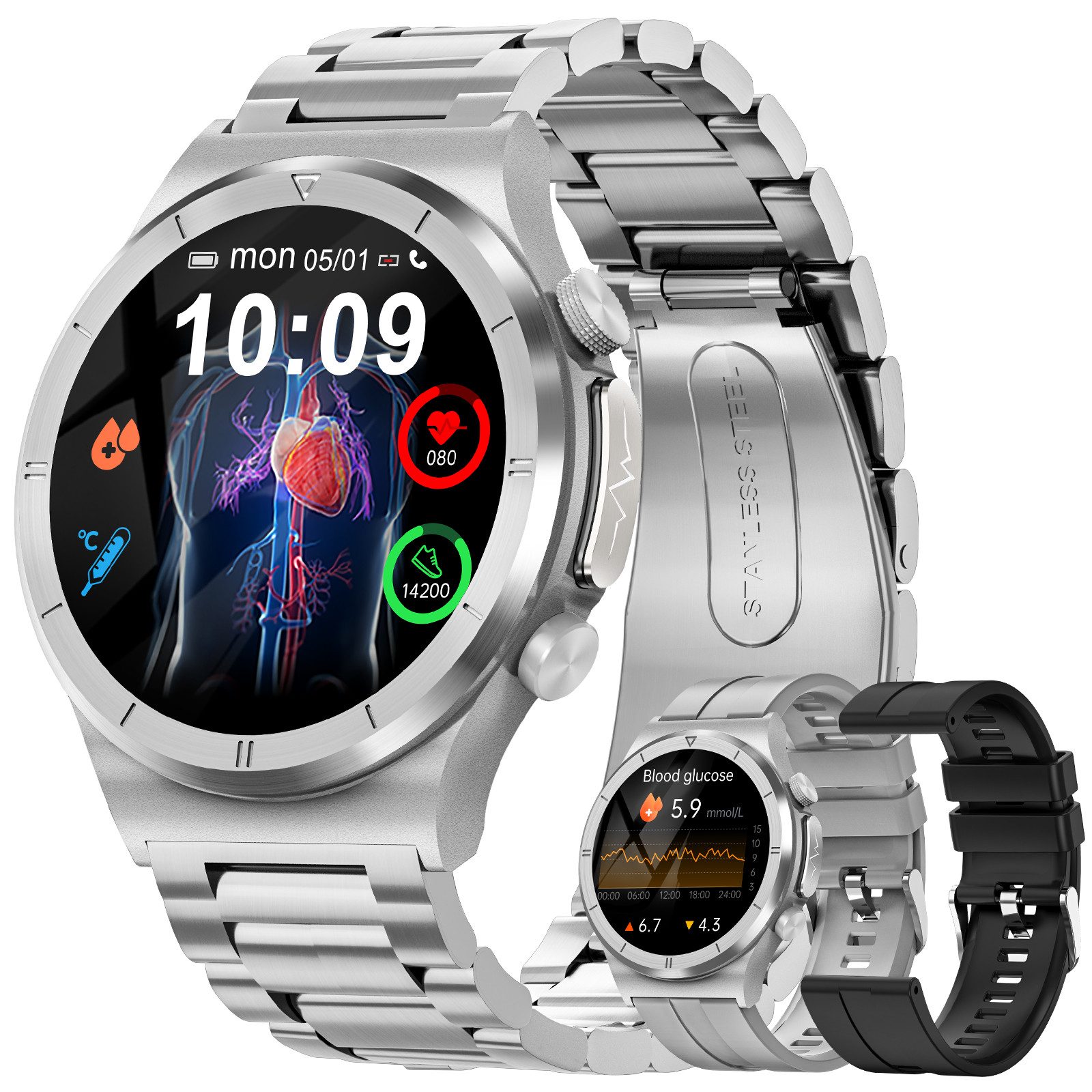 BANLVS Smartwatch Herren mit ʙʟᴜᴛᴢᴜᴄᴋᴇʀ/ECG+PPG/Blutdruck/BMI-Überwachung Smartwatch