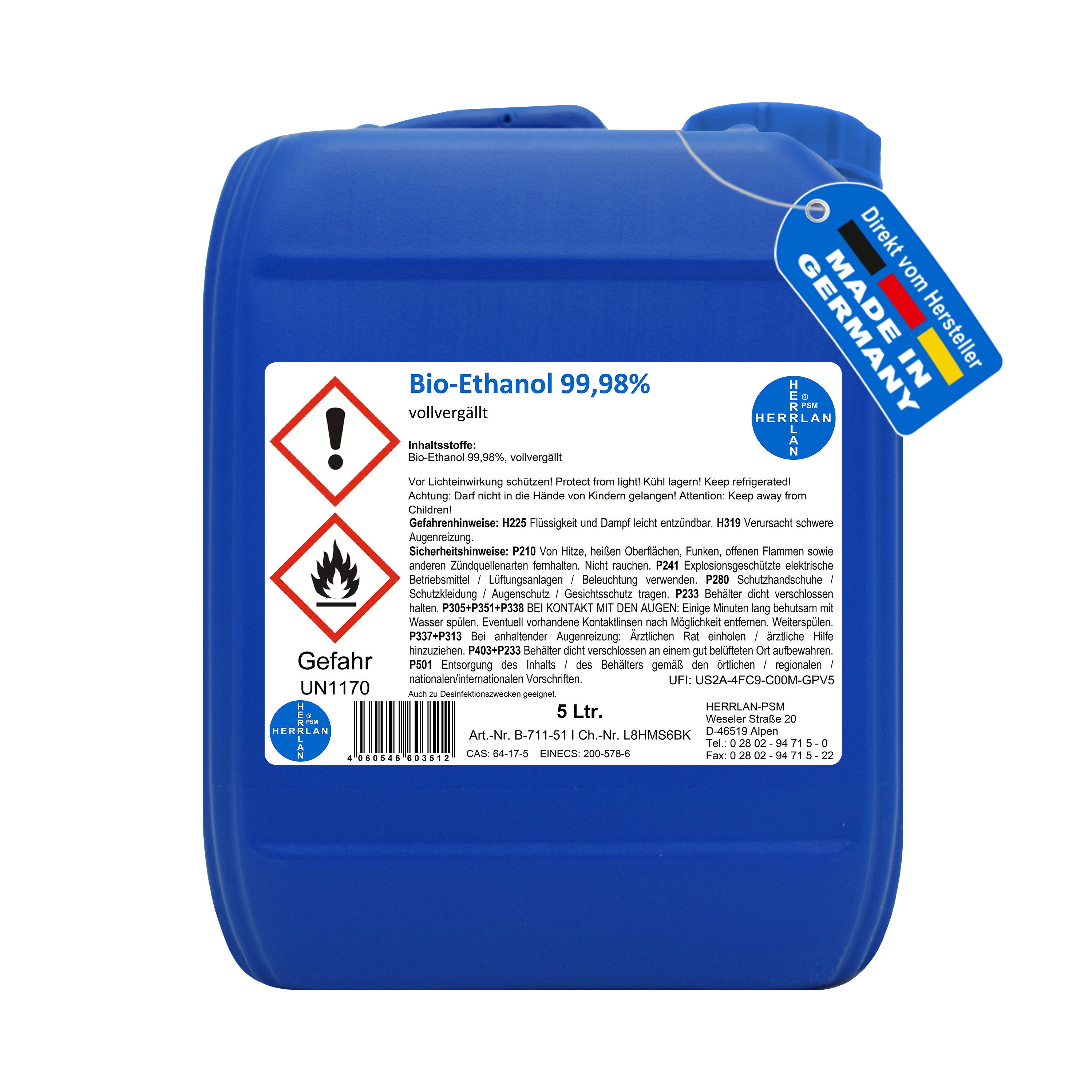 HERRLAN Bioethanol Kamin-Ethanol, 99,98% Alkohol-Gehalt, wasserfrei,