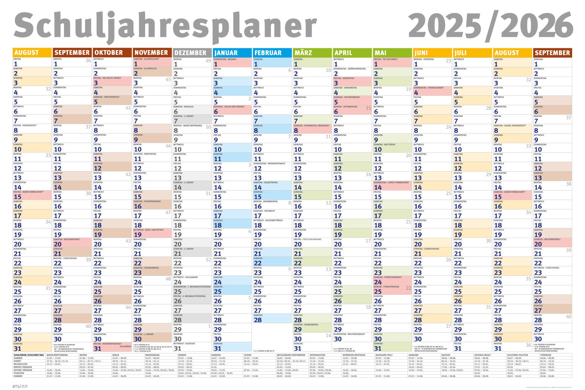 Poster Schuljahresplaner 2025/2026 - Wandplaner Kalender