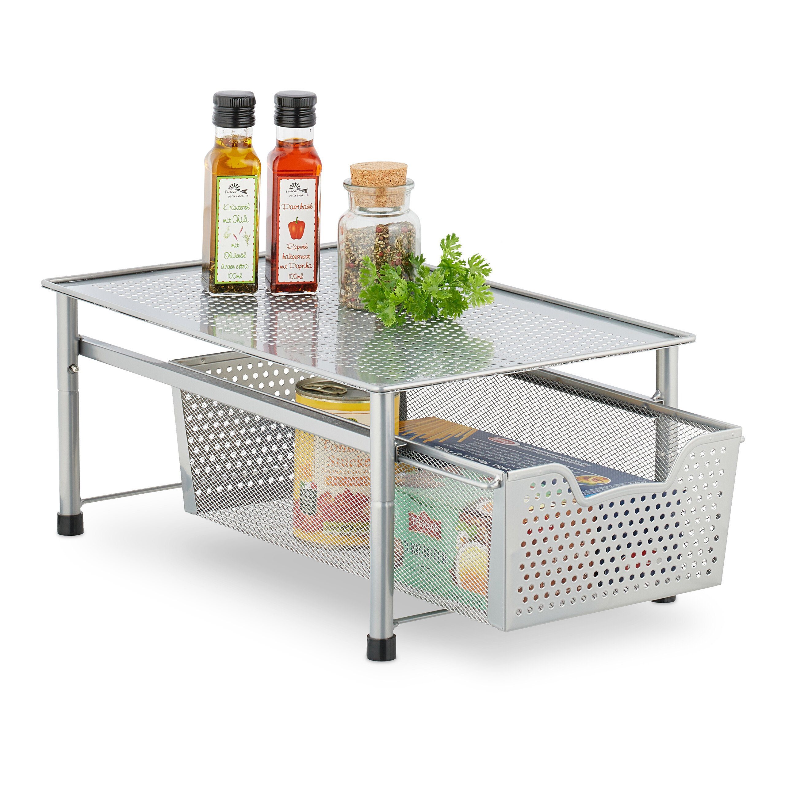 relaxdays Mehrzweckregal Schubladenregal mit Korbauszug, silber