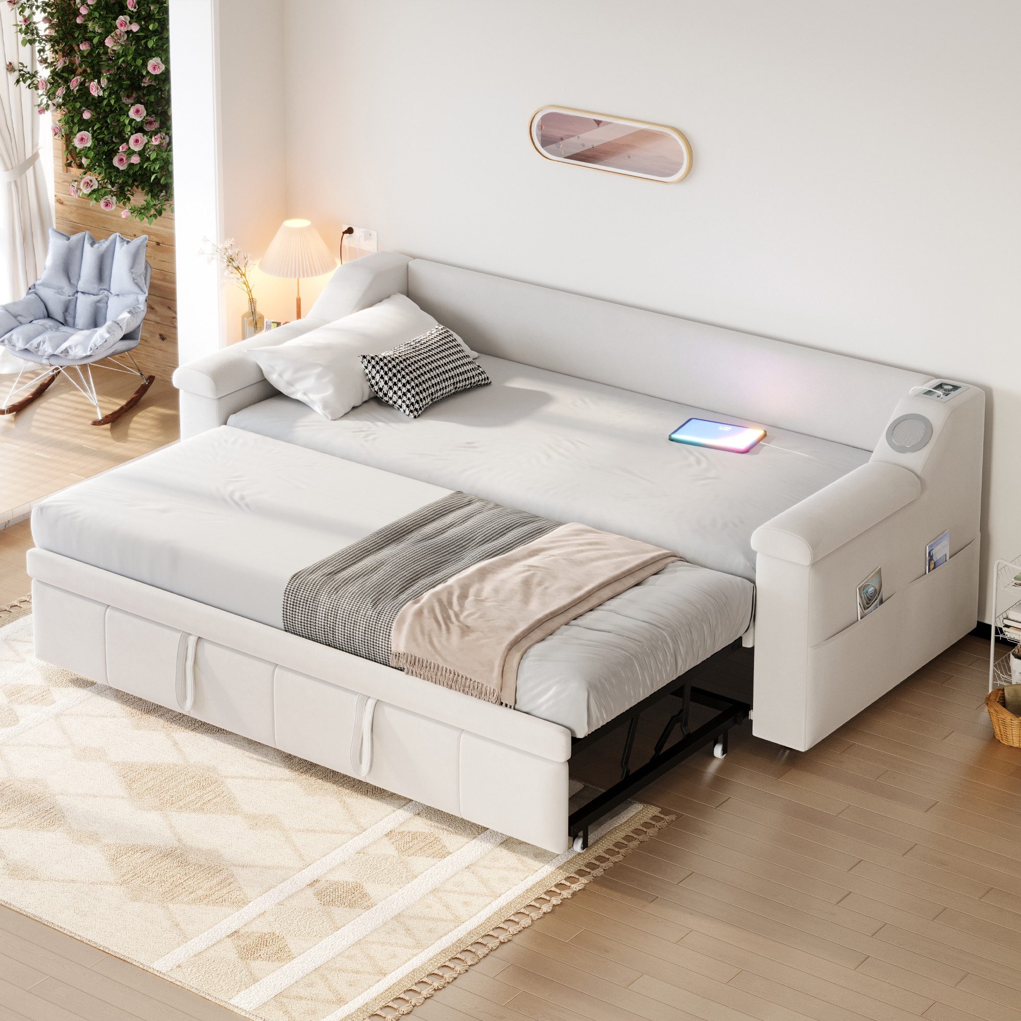 OKWISH Schlafsofa Polsterbett Funktionsbett, Bluetooth-Stereo &