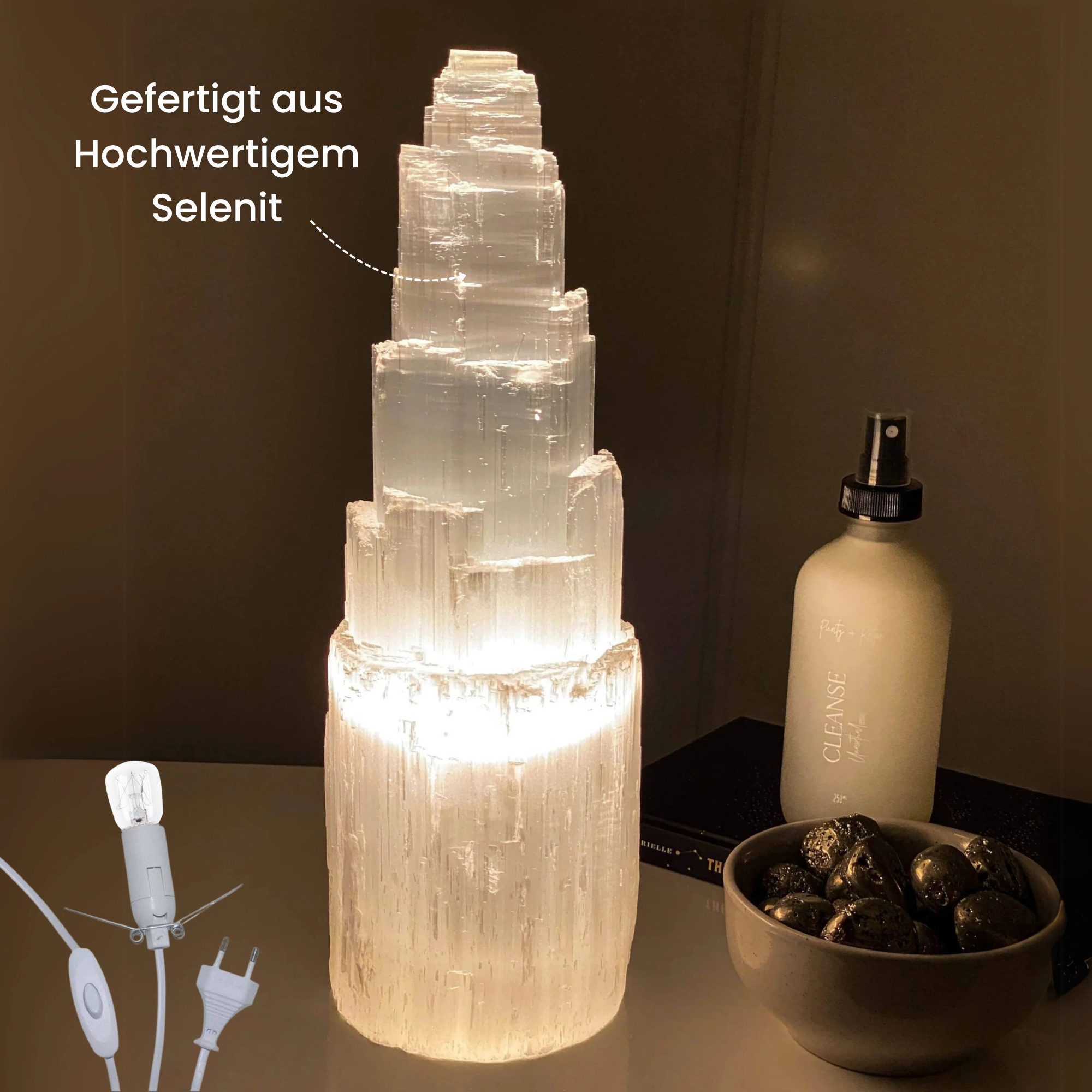 Landster Nachttischlampe Selenite Lampe Turm lampe
