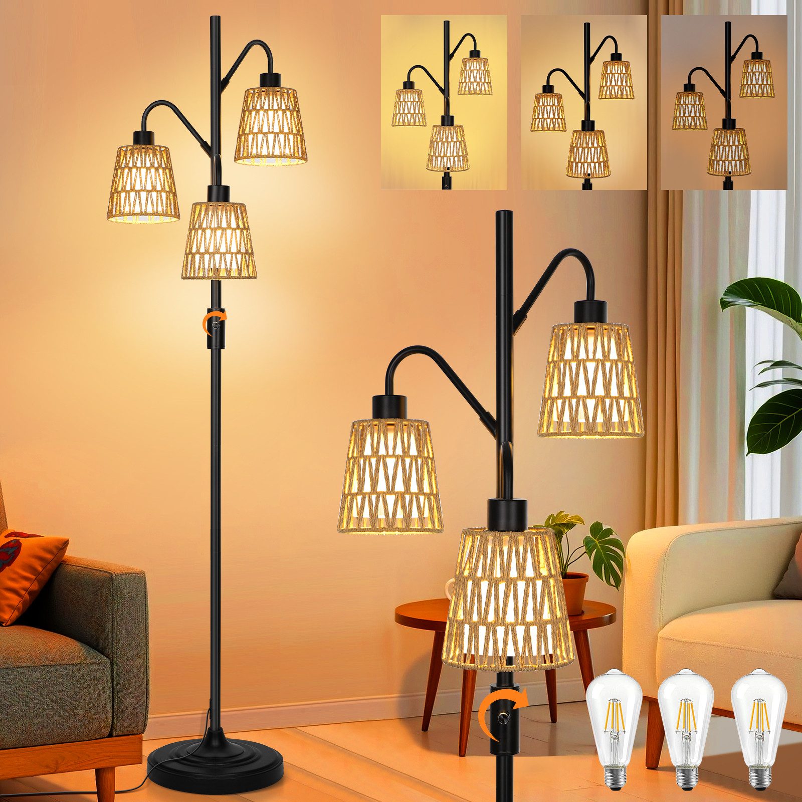 MUPOO Stehlampe LED Stehlampe,Rattan Boho LED