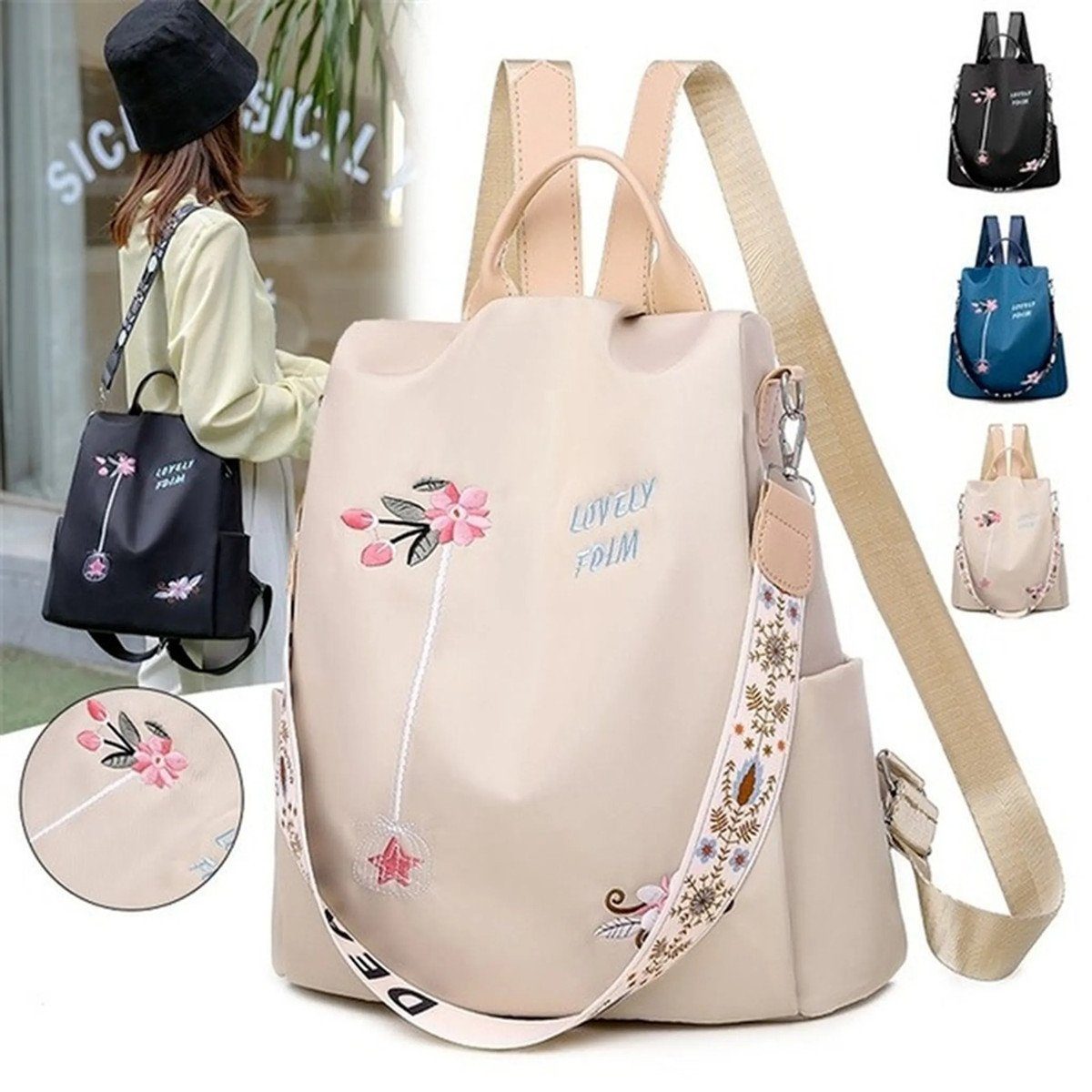 XDeer Daypack Damen-Rucksack mit Blumenstickerei,Wasserdichte Schultasche