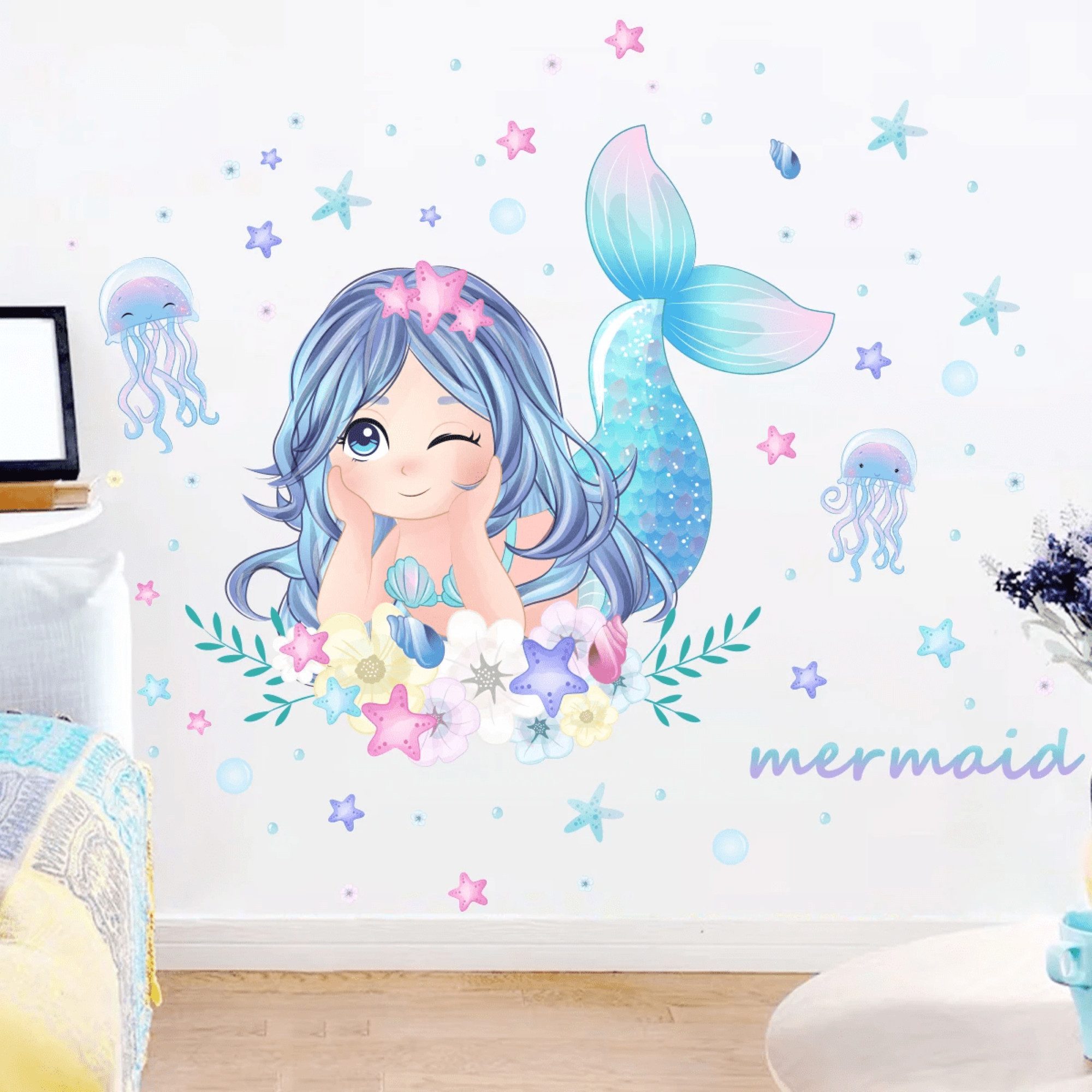 Montegoni Wandtattoo Kinder Wandsticker,Selbstklebende (Wandaufkleber Meerjungfrau,Quallen,Seesterne