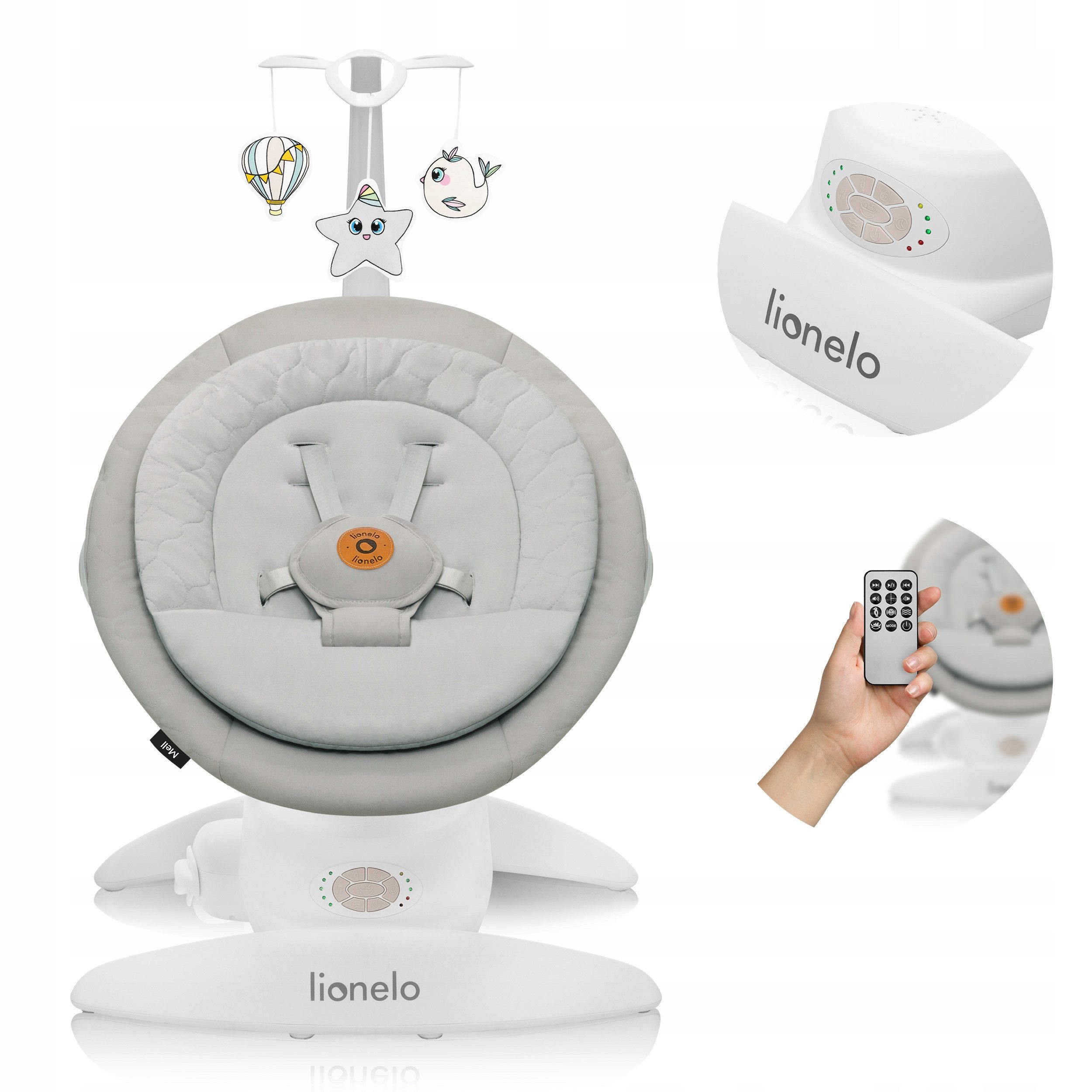 lionelo Babywippe MELL, 0-9 Jahren/360°/Bluetooth/Fernsteuerung/12 Melodien+Kissen