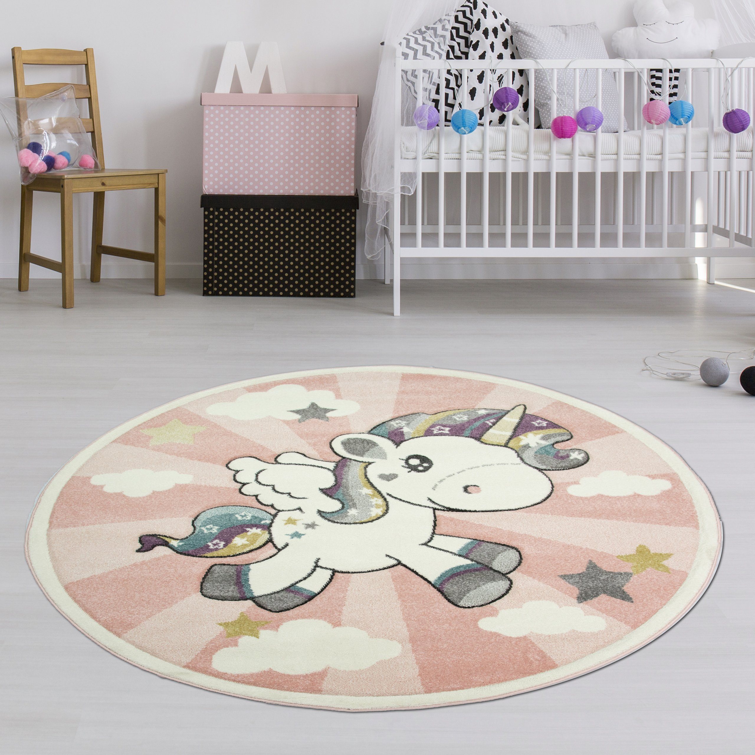 TeppichHome24 Kinderteppich Kinderteppich mit Einhorn Regenbogen