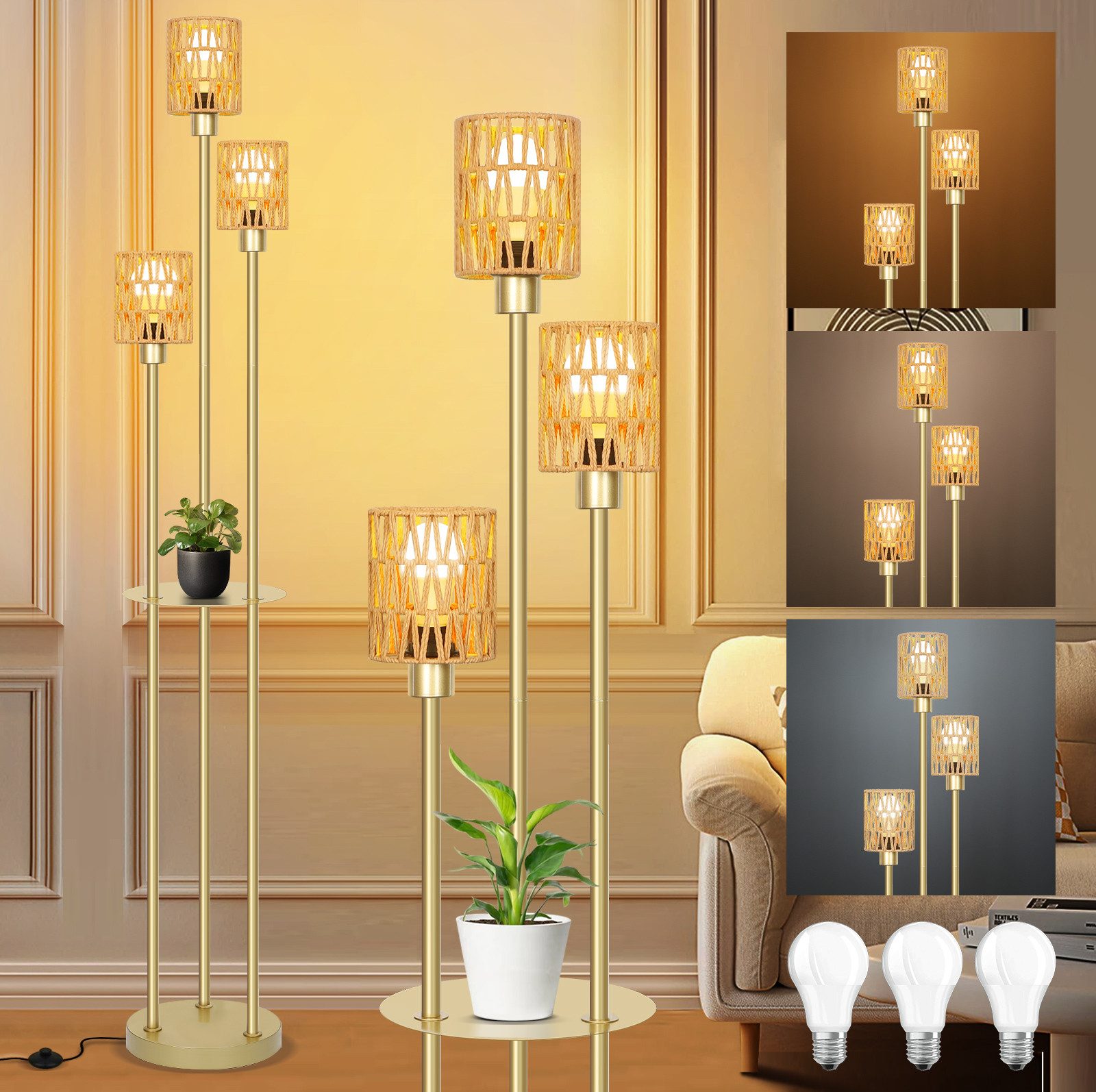 MUPOO Stehlampe Rattan Stehlampe Wohnzimmer,3-flammige Vintage