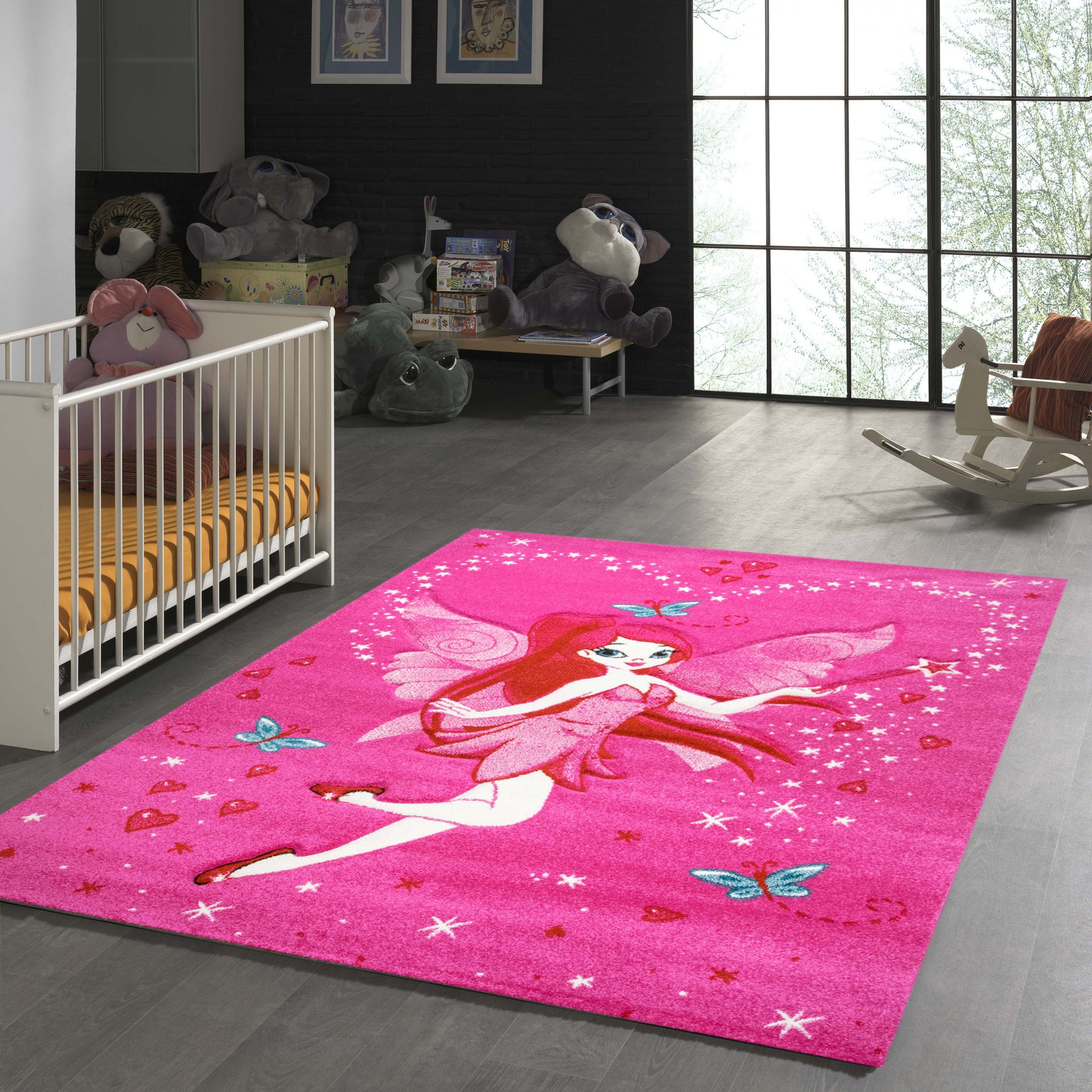 TeppichHome24 Kinderteppich Kinderteppich Zauberfee mit Schmetterlingen,
