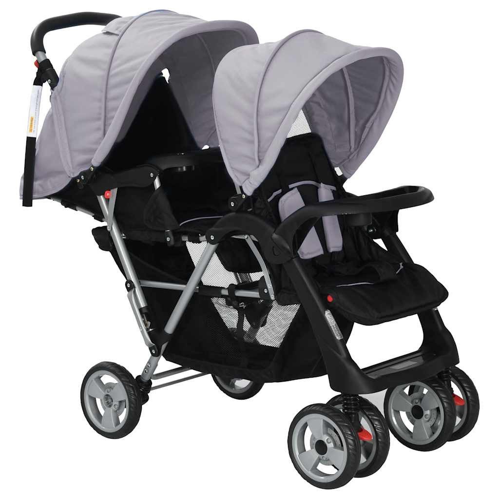 vidaXL Kombi-Kinderwagen, Tandem-Kinderwagen Stahl Grau und