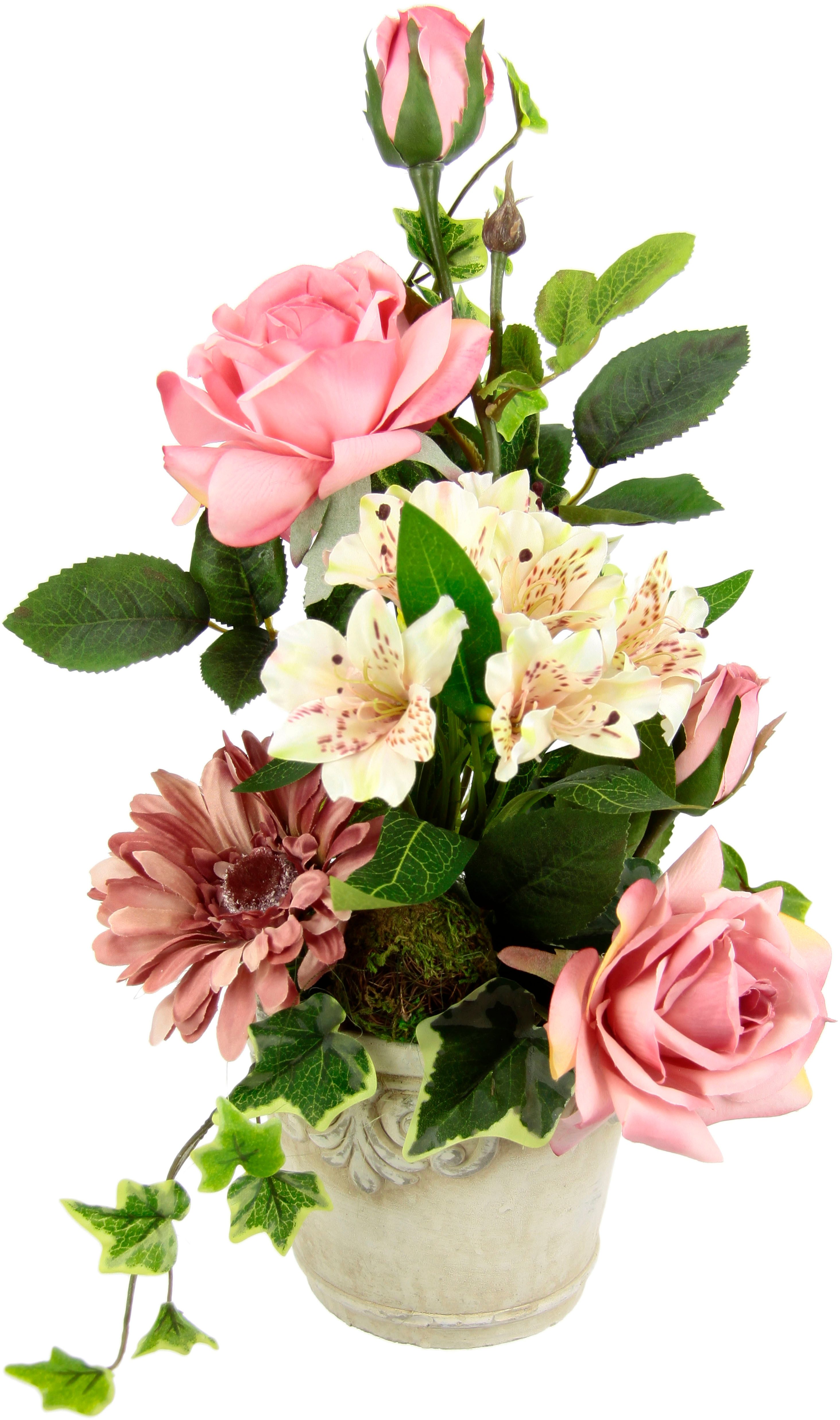 Kunstblume Gesteck aus Rosen, Gerbera und