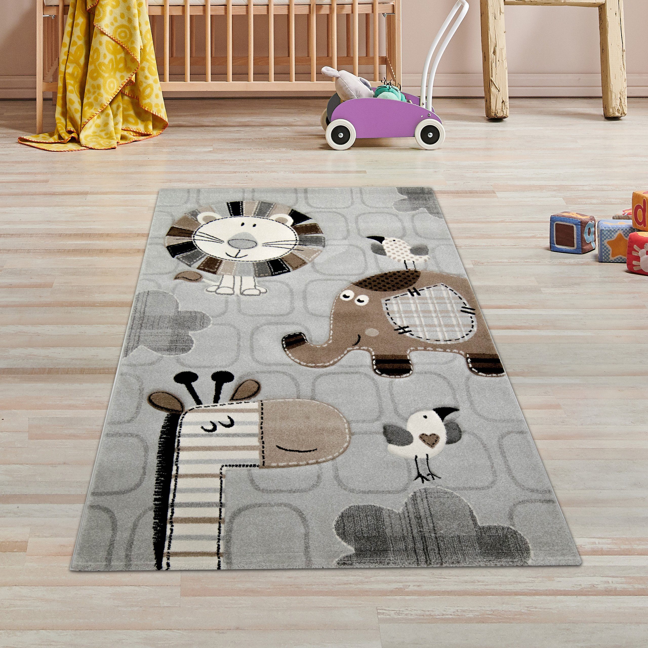 TeppichHome24 Kinderteppich Kinderteppich Zootiere grau, rechteckig,