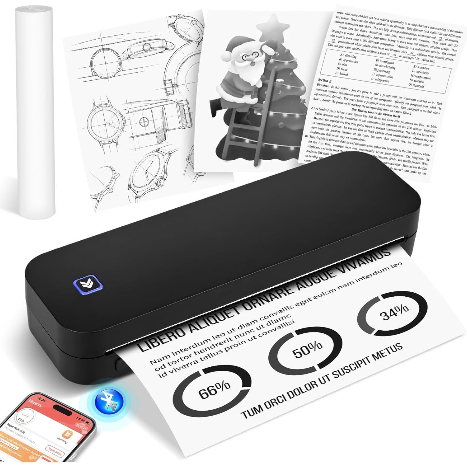 SURFOU Thermodrucker Mobiler A4 Drucker Wireless