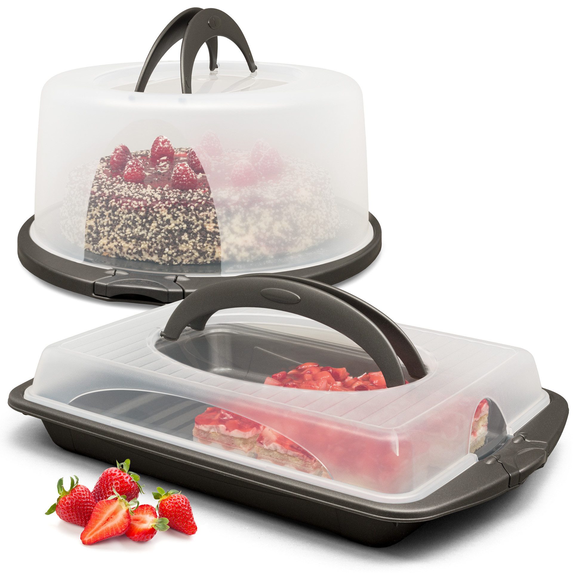 Hausfelder Kuchentransportbox Tortentransportboxen 2er Set, rund/rechteckig