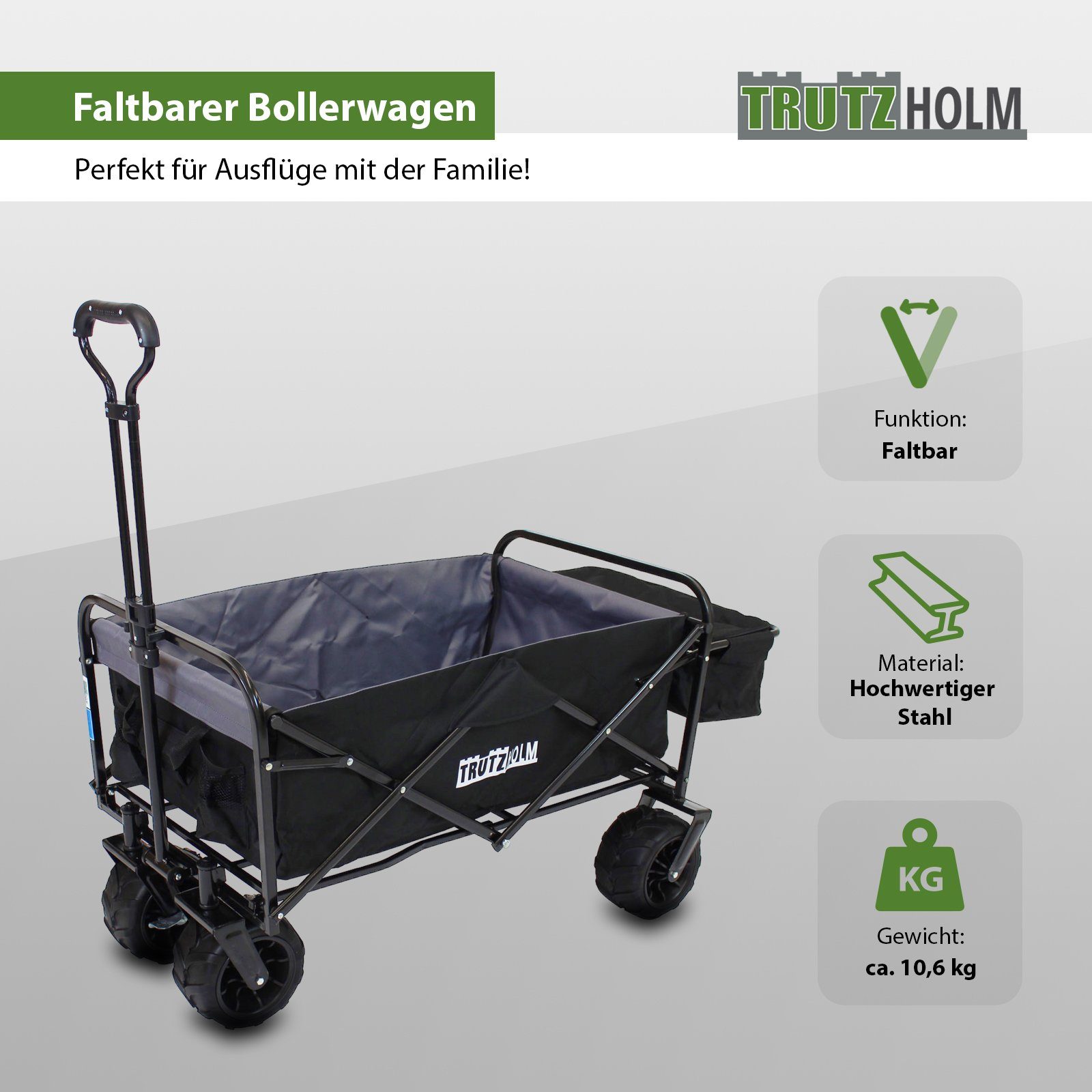 TRUTZHOLM Bollerwagen Bollerwagen faltbar Breitreifen Schwarz,