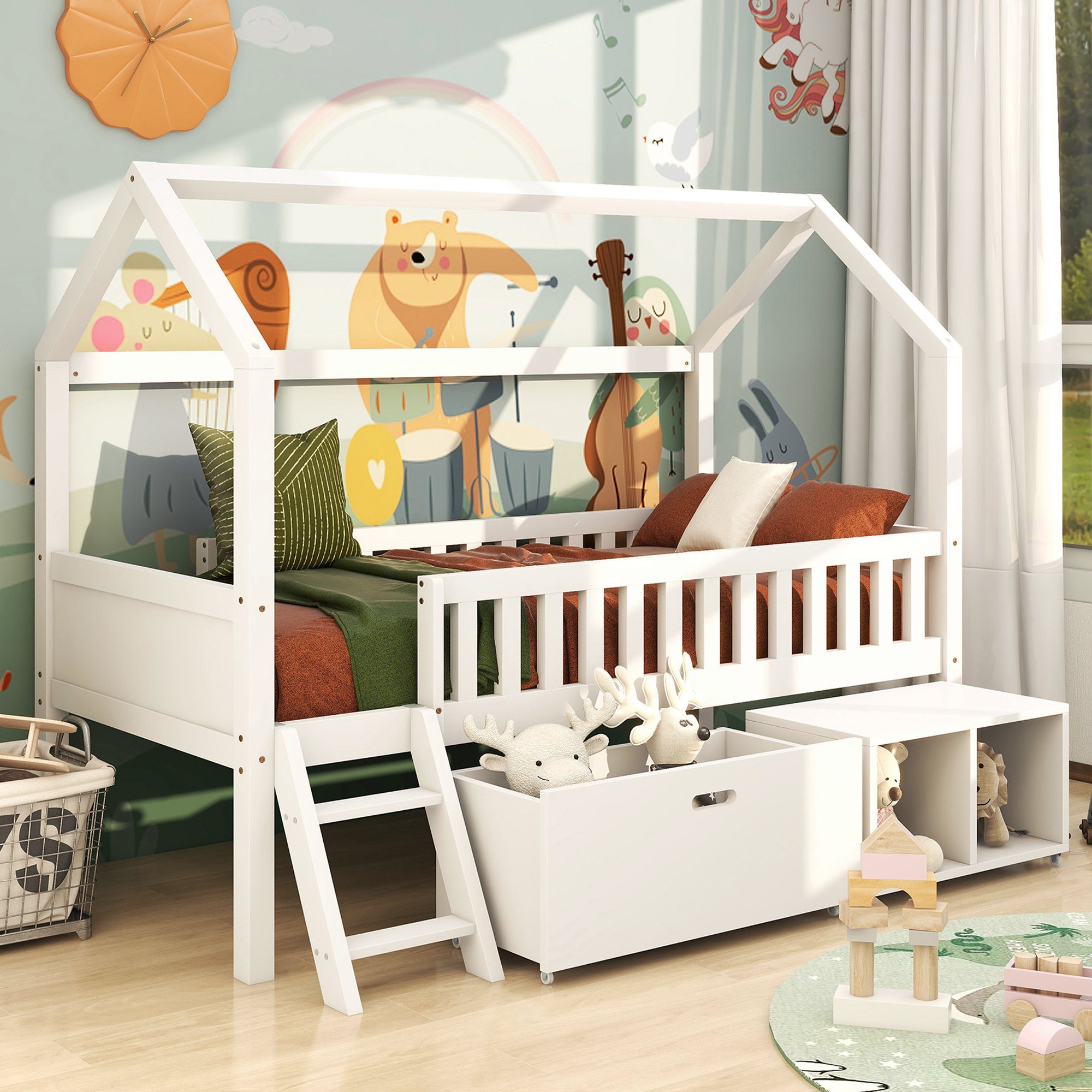 Odikalo Kinderbett Hochbett Hausbett mit Schutzzaun