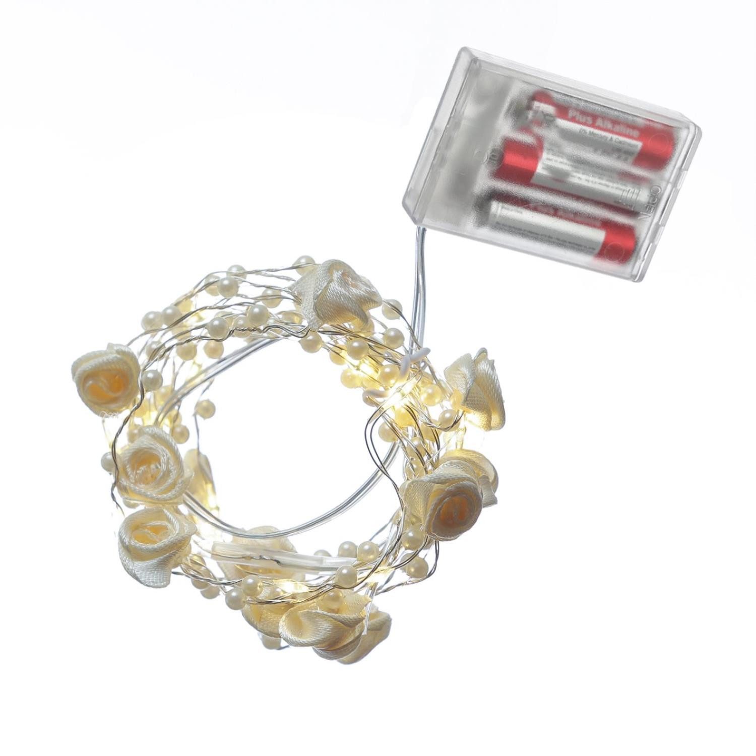 MARELIDA LED-Lichterkette weiße Perlen und Rosen