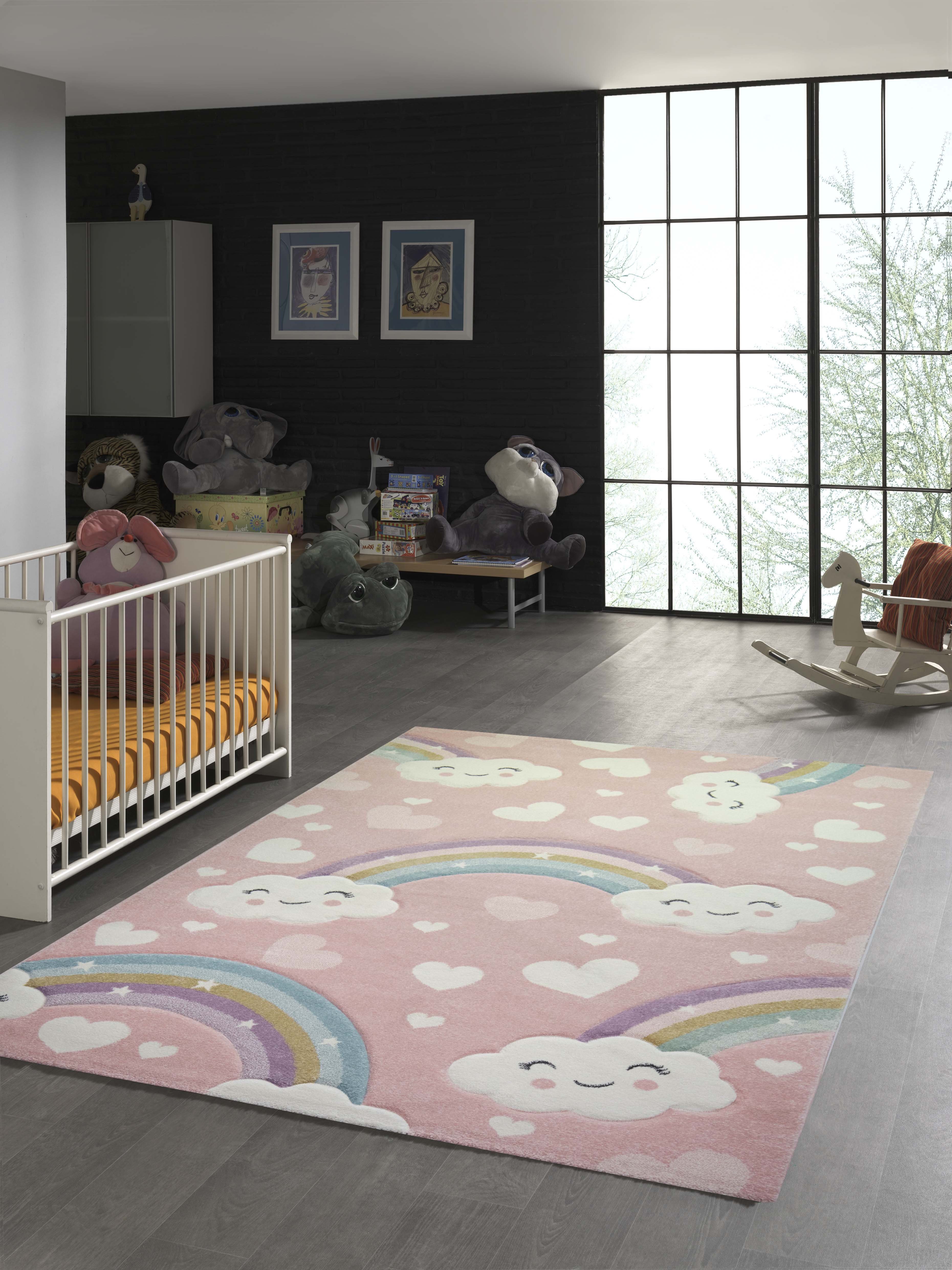 TeppichHome24 Kinderteppich Kinderteppich Regenbogen mit Wolken