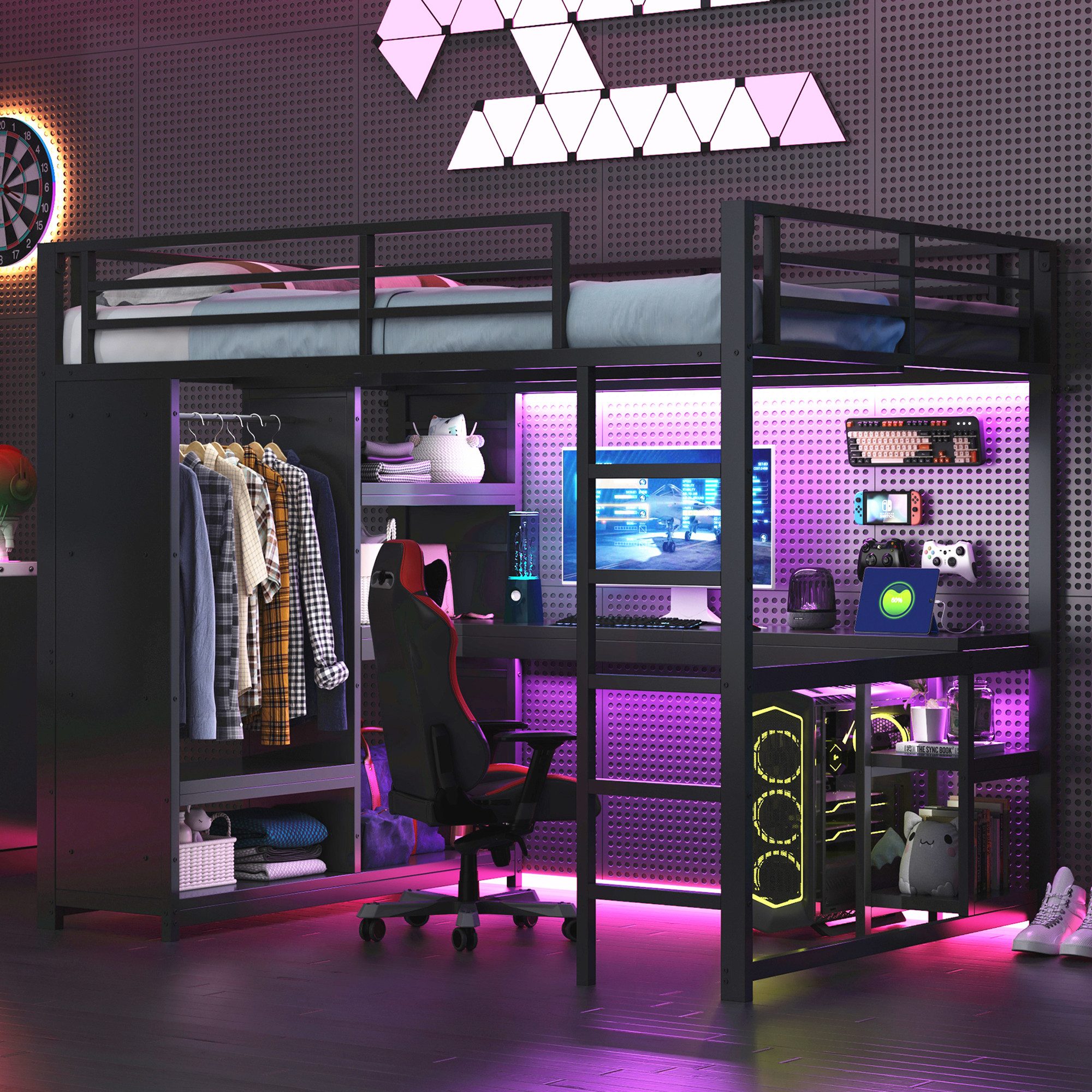 Ulife Hochbett Kinderbett Jugendbett Metall-Gaming-Hochbett mit